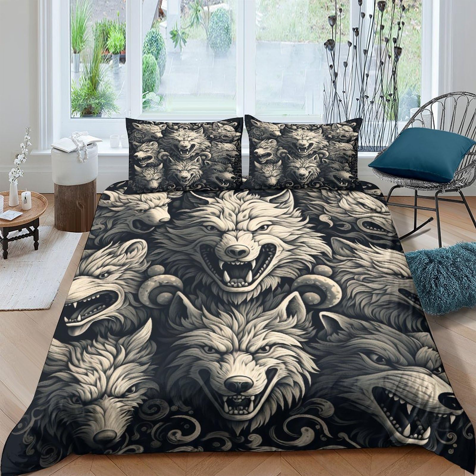 Housse de couette loup 3D 200x200cm en microfibre avec deux taies d'oreiller pour lit double