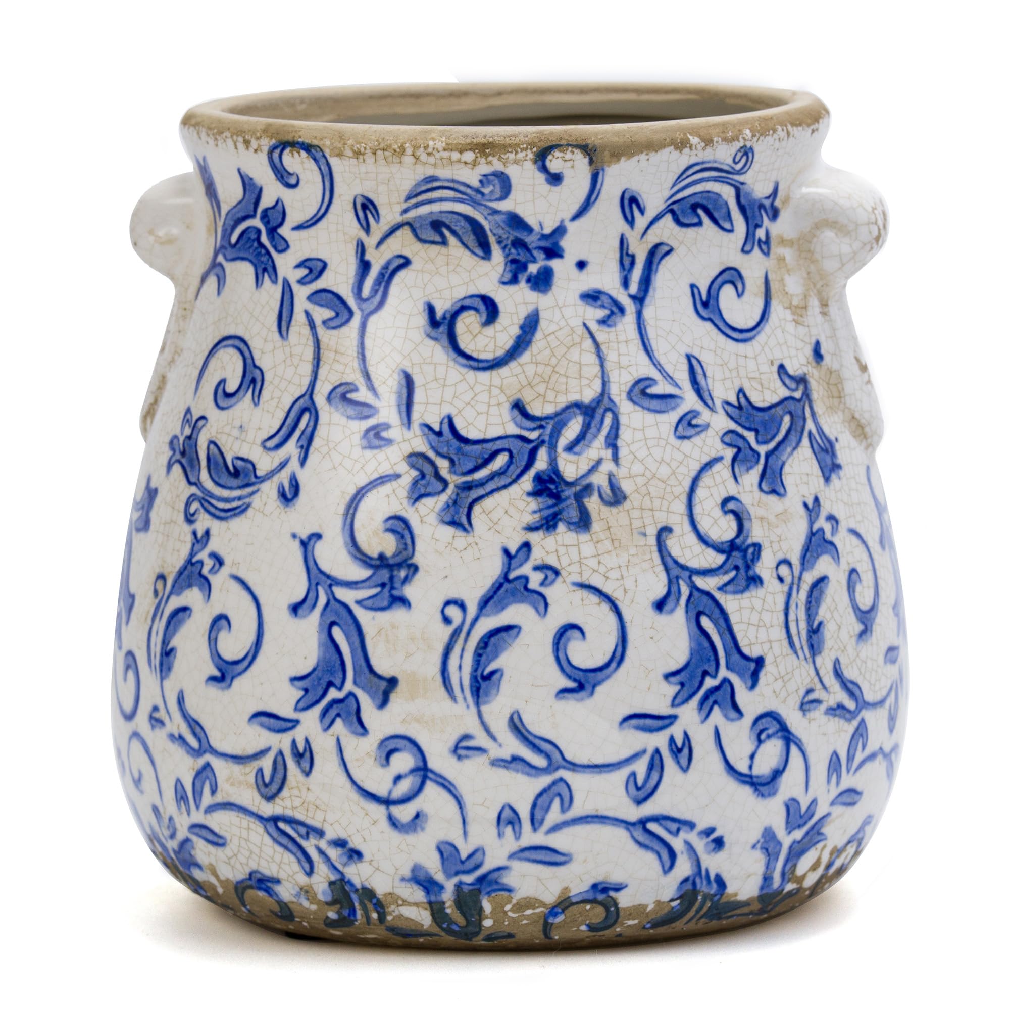 Vintage Blue Ceramic Ice Crack Glaze Flower Pot with Drainage Holes and With Handle, Country Rustic Planters for Indoor and Outdoor,Tuscan Decor,Home,Living Room, Garden Decor, Gardening Gift (Blue)