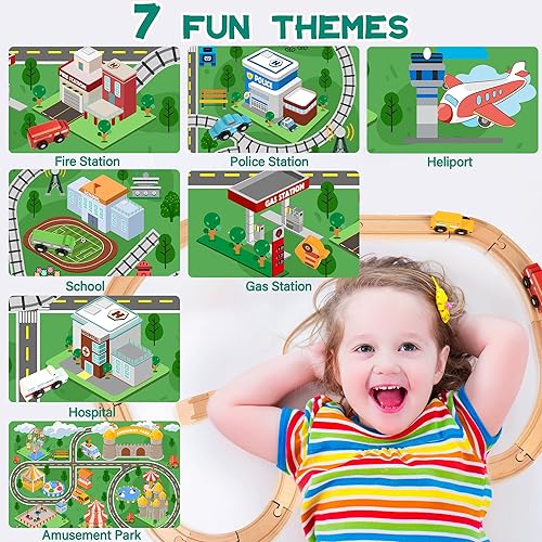 Miniatura 3 de Juego de tren de madera para niños pequeños de 2 a 4 años, compatible con Thomas, Brio, con rieles de madera, 53 piezas de juguete expandible para