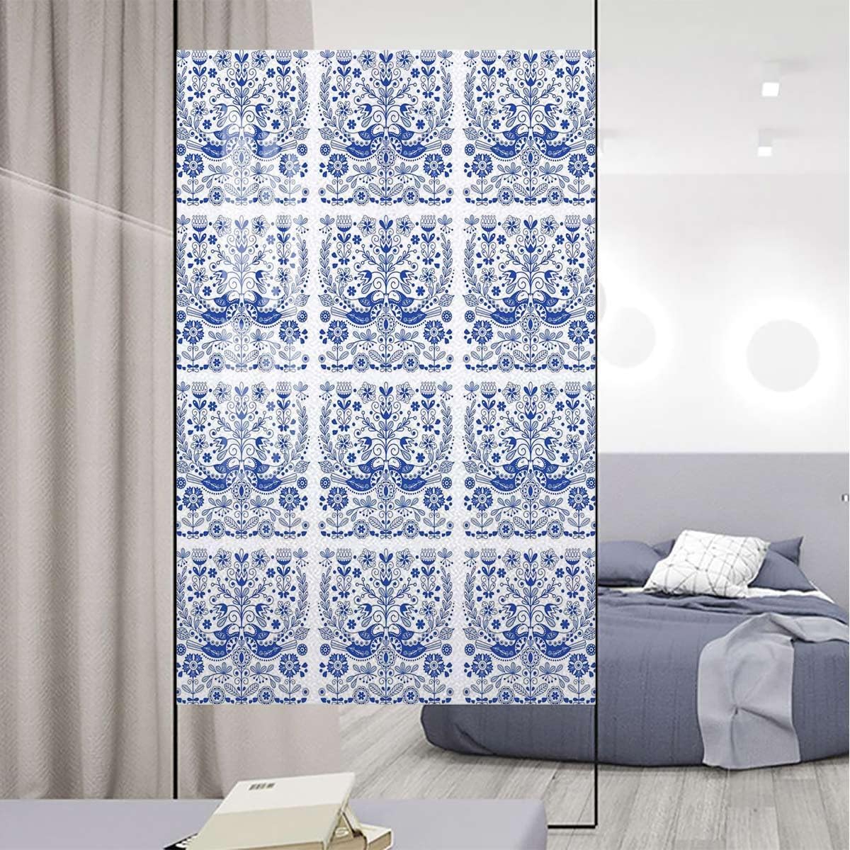 Blue Privacy Window Film Decoration Antique Geometric Design Oriental Flowers Privacy Window Film Removable Static Cling Window Film Stickers Floral 35.4Wx59L-inch