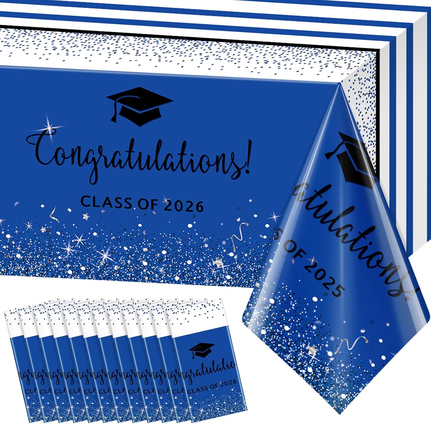 12 Pack Class of 2026 Graduation Tablecloths,Foil Dot Plastic Disposable Rectangle Table Covers for 2026 High School University College Graduation Party Decorations,108*54 Inch (Blue and Black)