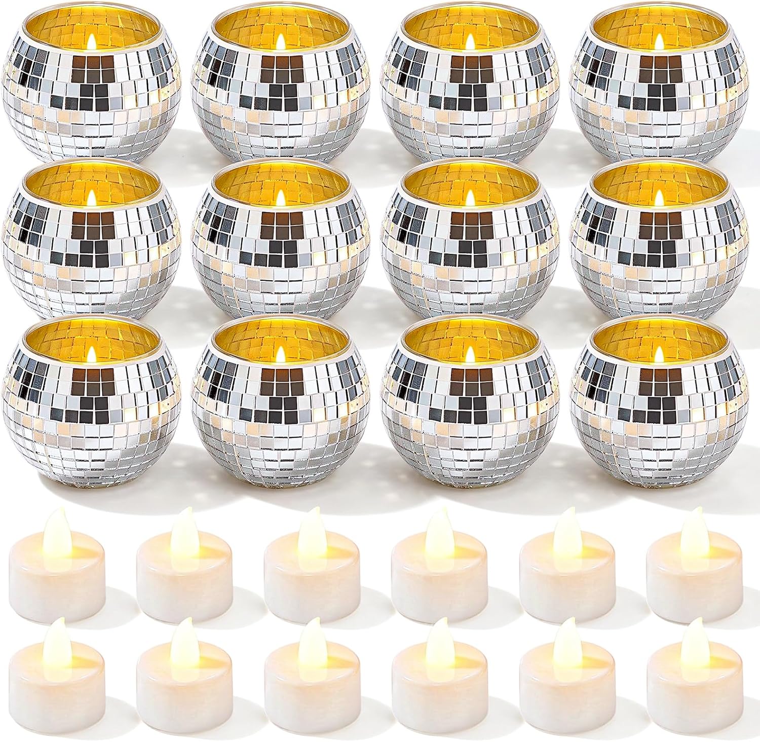 12 Sets Disco Ball Candle Holder with LED Tea Lights Candles