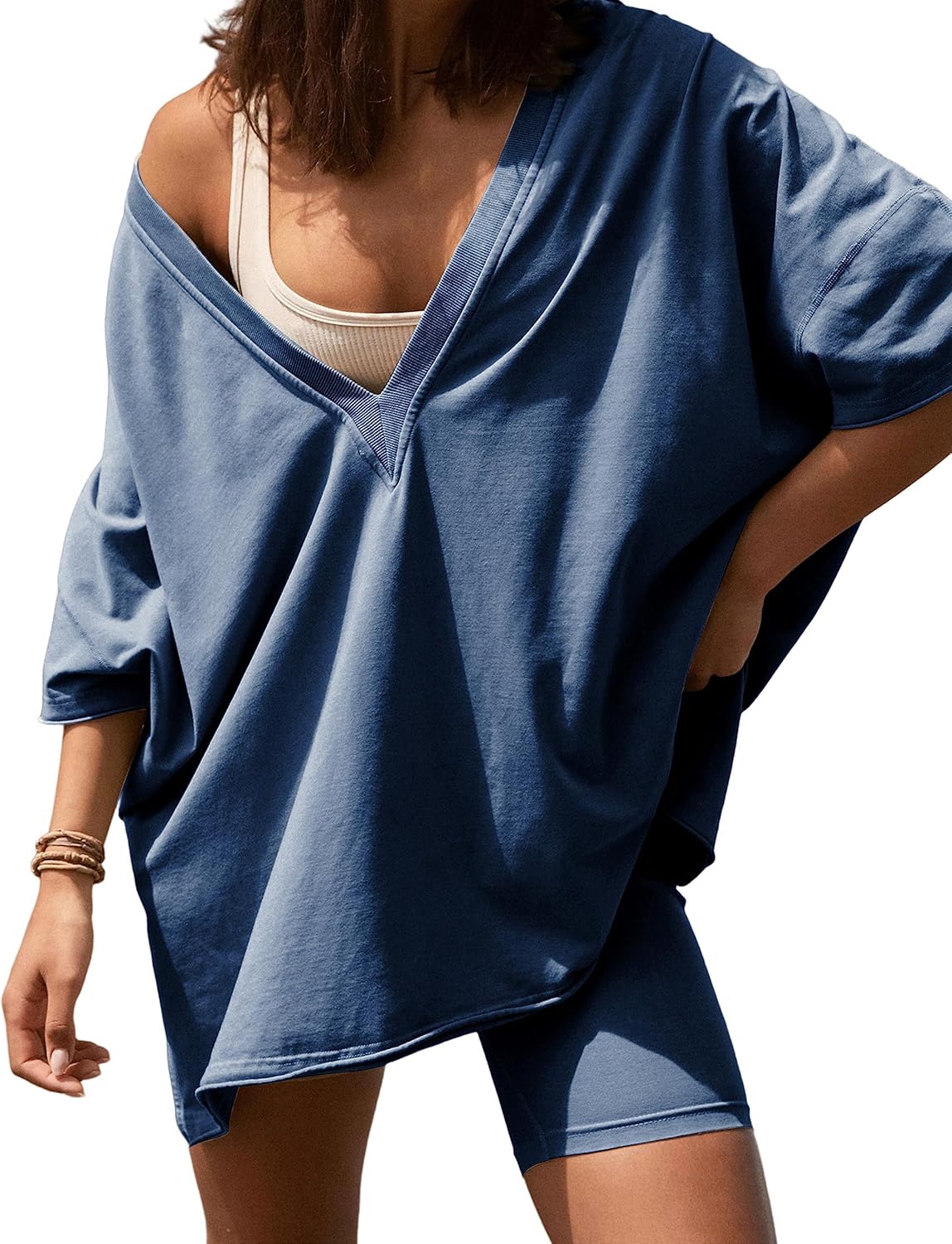 LTSCNRM 2 Piece Outfits for Women Reversible Oversized T Shirt Biker Shorts Sets Workout Tracksuit - Image 2