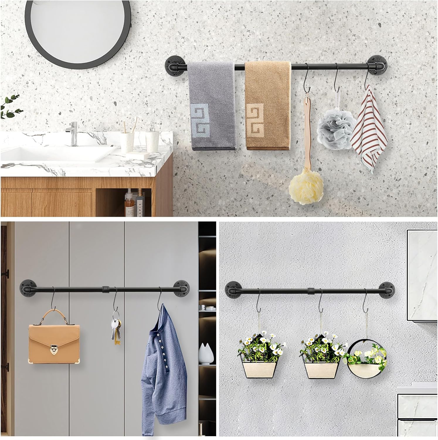 NearMoon Industrial Pipe Towel Bar, Heavy Duty Bathroom Hardware Towel Holder Accessory, Wall Mounted DIY Rustic Iron Bathroom Towel Rack Holder (28 Inch, Black)