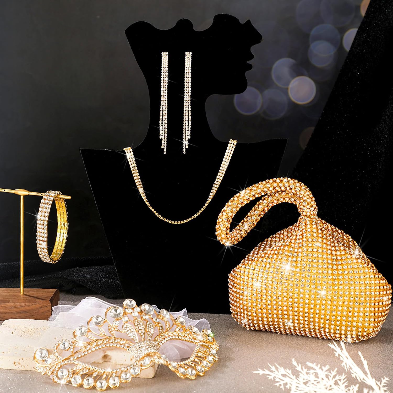 Junkin 5 Pcs Rhinestone Masquerade Jewelry Set for Women Crystal Mask Clutch Necklace Bracelet Earrings for Wedding