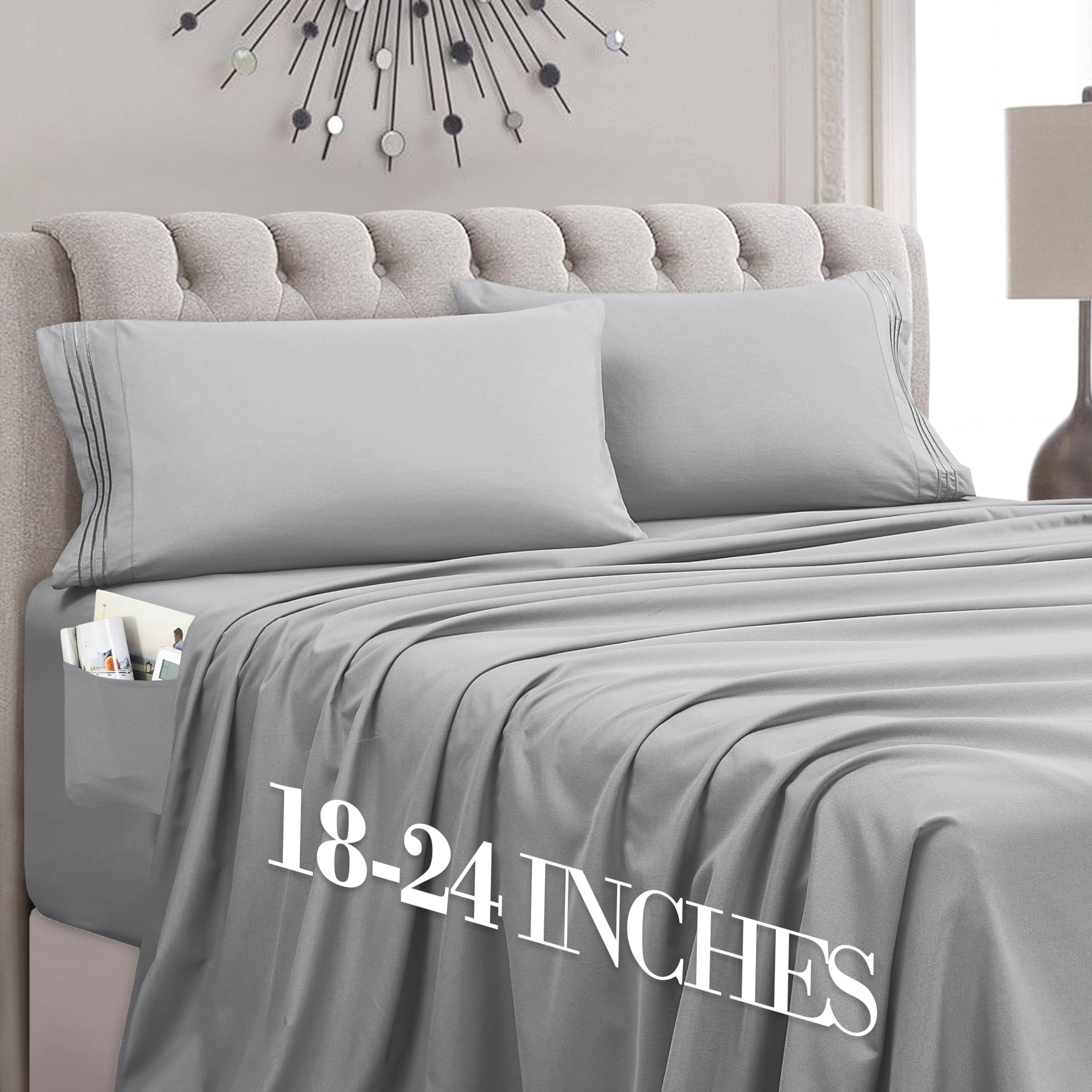 Mocassi Twin XL Size 4-Piece Bed Sheet Set - 1800 Premium Hotel Quality Microfiber 18-24 Inches Extra Deep Pocket Fitted Sheet- Luxury Soft, Breathable, Wrinkle, and Fade Resistant, Silver