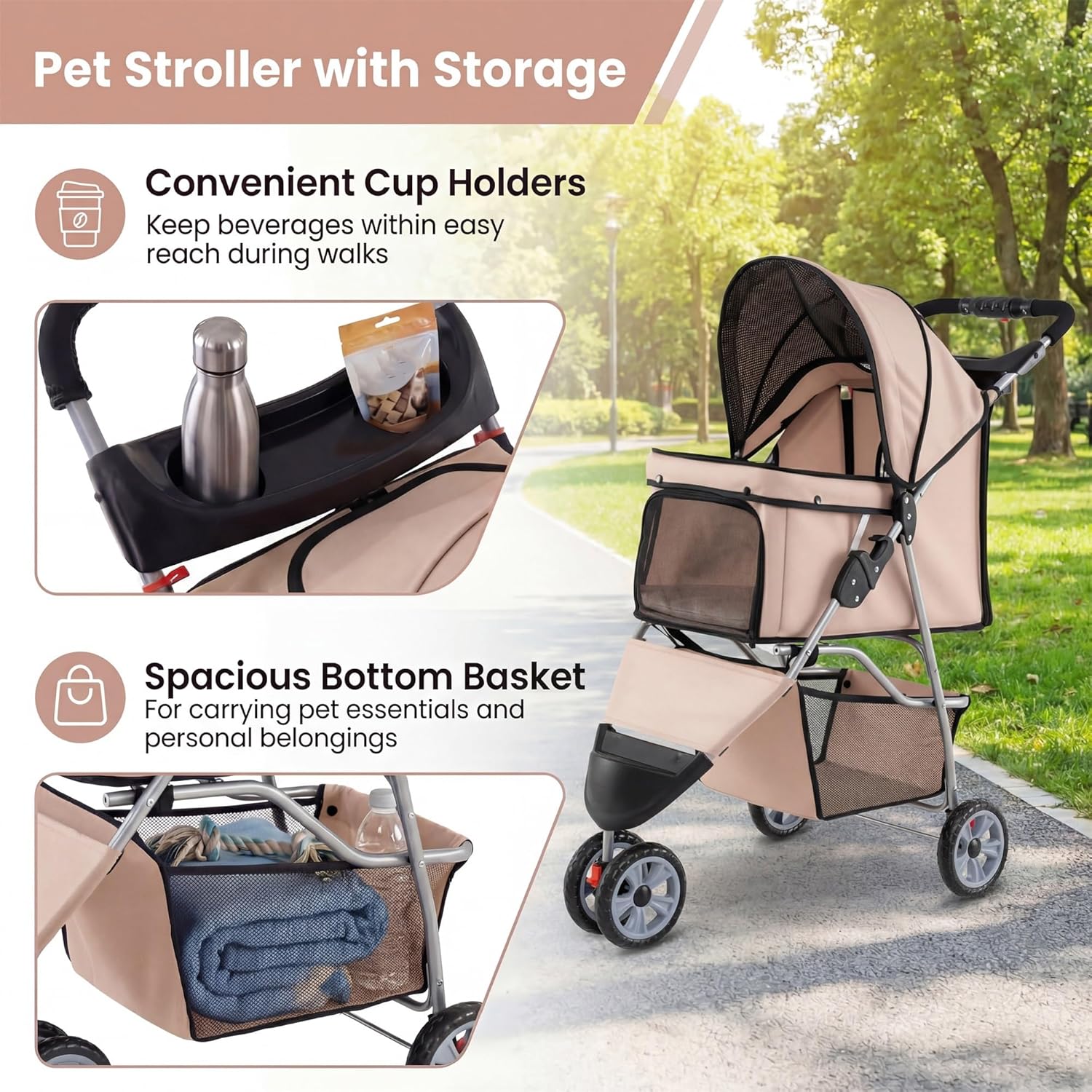 Giantex 3 Wheel Foldable Dog Stroller for Small Dogs Cats, Lightweight Pet Stroller with Lockable Wheels, One-Hand Quick Fold, Mesh Windows, Safety Leash & Storage Basket, Pet Travel Stroller (Beige)