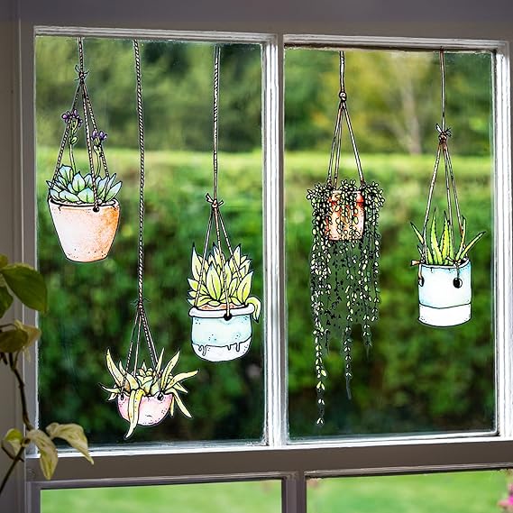 Stickers45 Illustrated Hanging Plant Window Stickers Hanging Flower