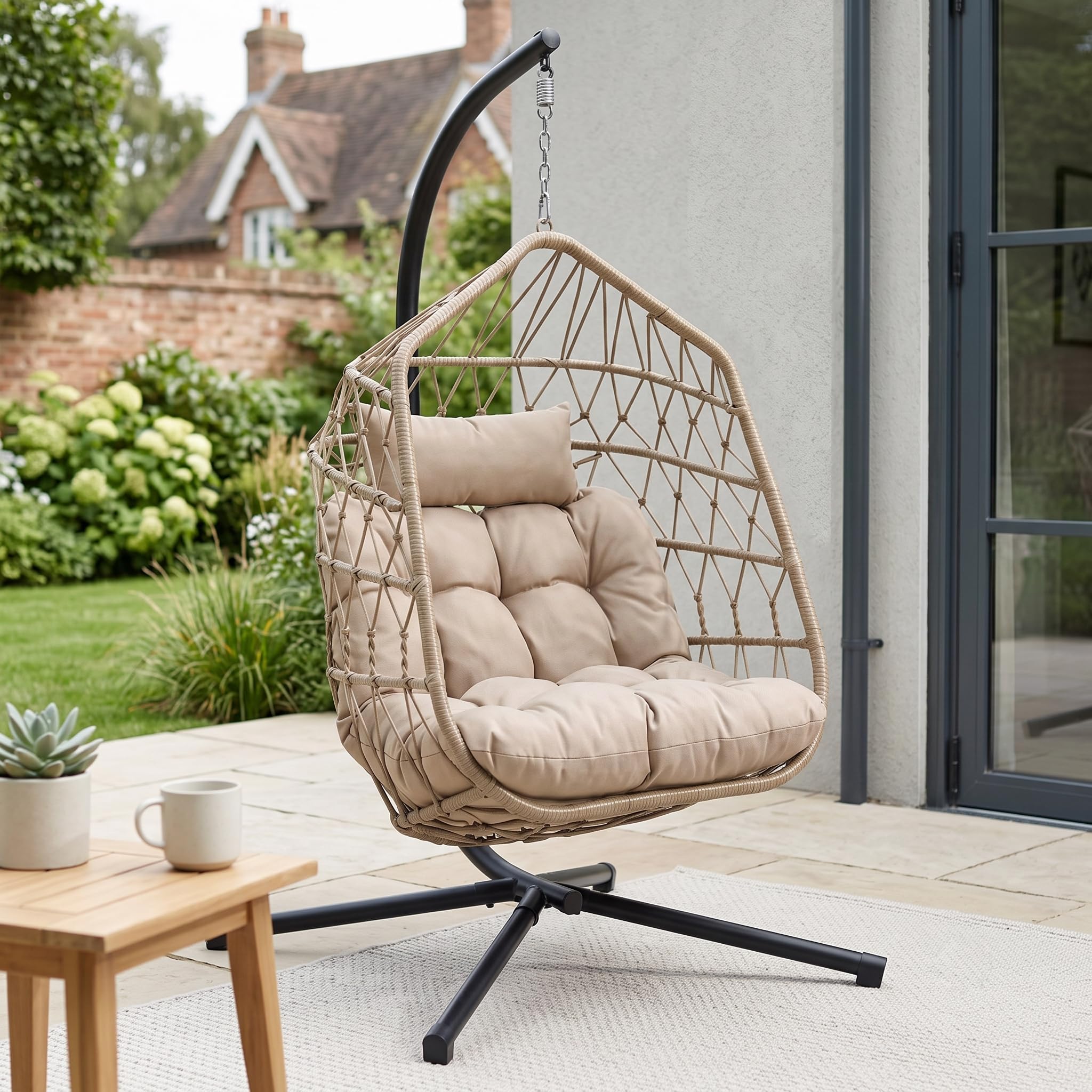 Blisswood Swing Egg Chair for Indoor & Outdoor - Hanging Rattan Egg Chair with Cushion, Foldable Hammock Wicker Pod Chair for Garden, Bedroom, Patio or Balcony - Upto 150kg Weight Capacity (Natural)