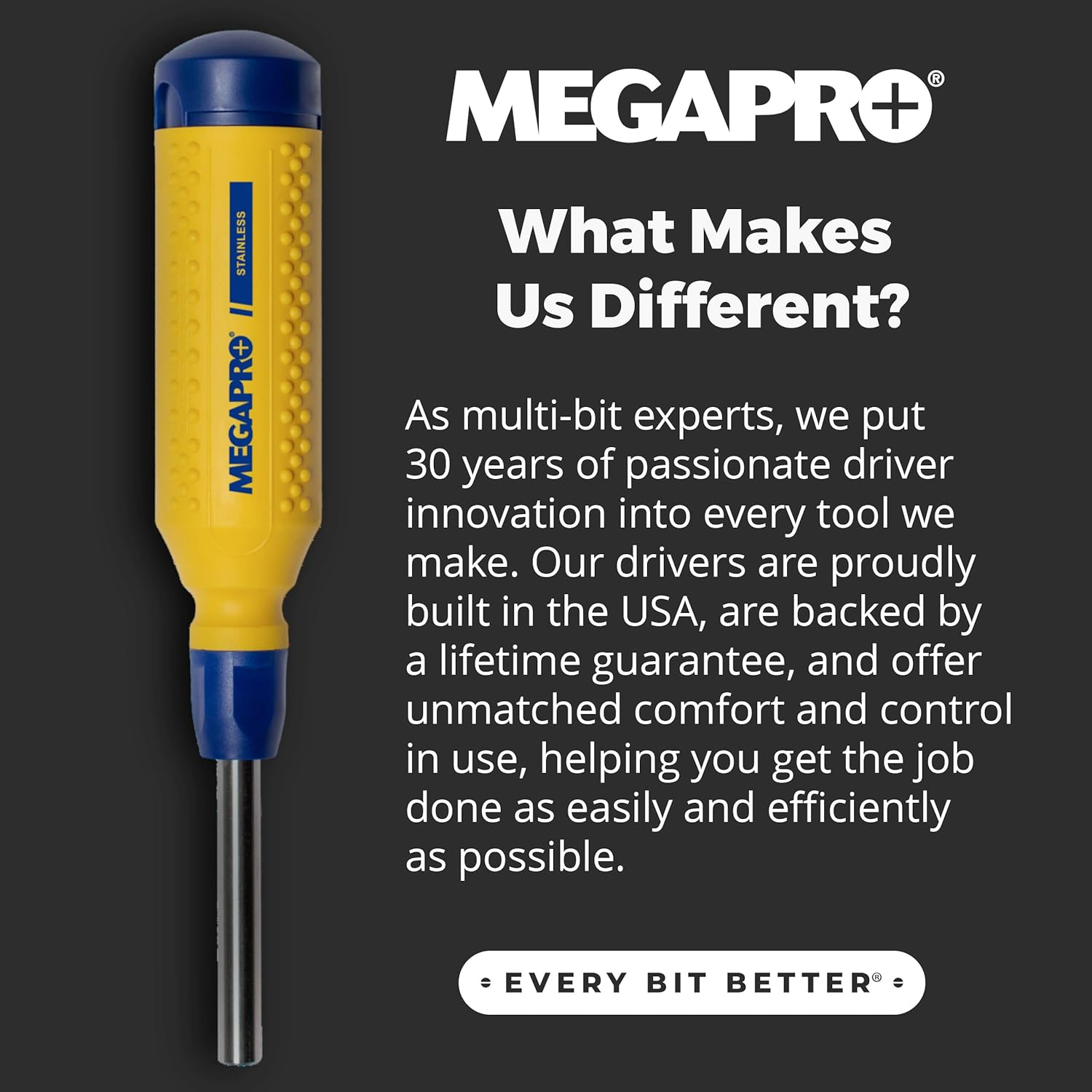 MEGAPRO® 15-in-1 Original Multi-bit Screwdriver | Home DIY & Repair | Construction | Tradeswork | 14 Industrial-grade bit tips | 1/4" Hex Drive in shaft (Stainless Steel)