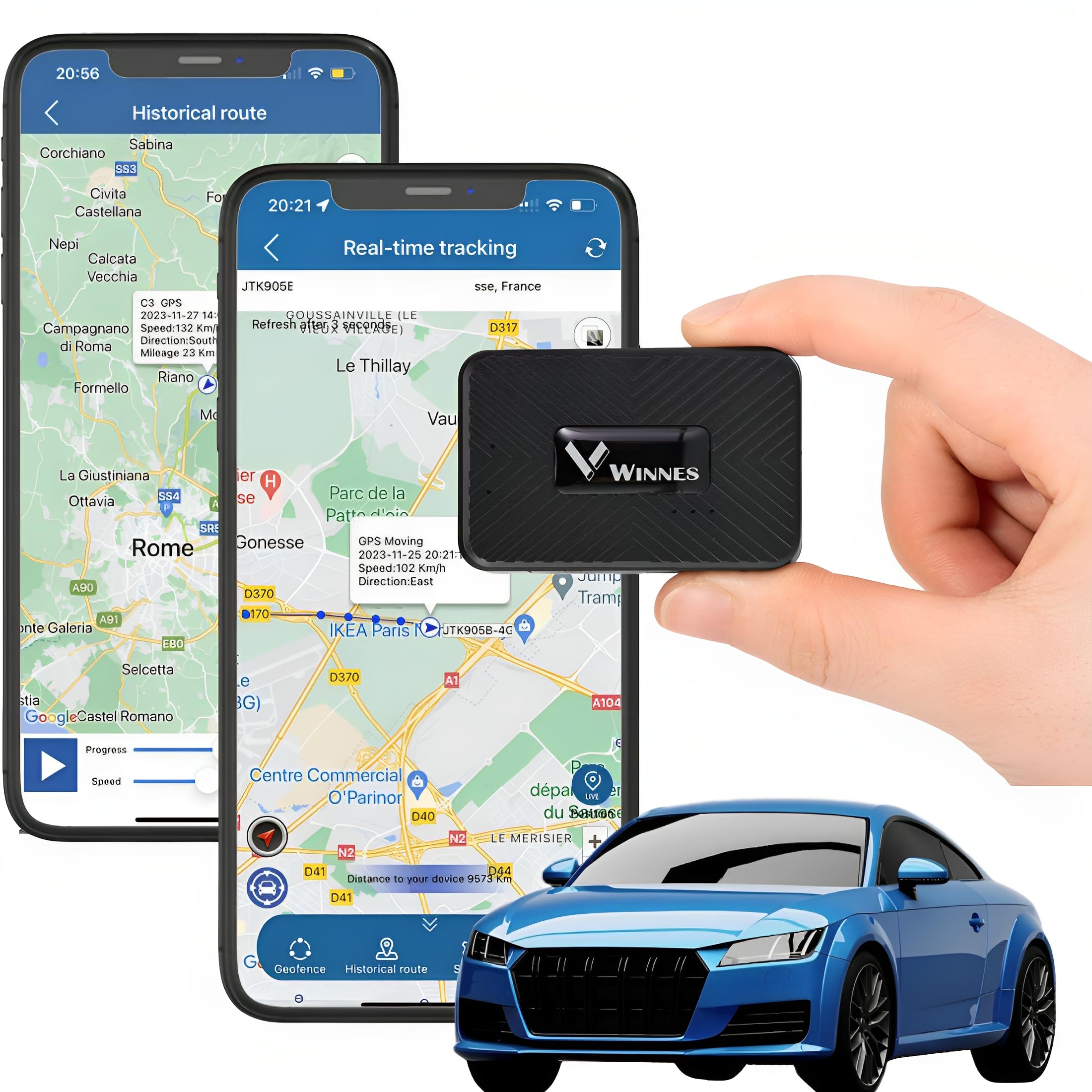 Winnes TK913 Mini localisateur GPS portable avec géoclôture magnétique anti-perte, 1500 mAh, localisateur satellite en direct pour voiture/moto/enfants, application et plate-forme gratuites