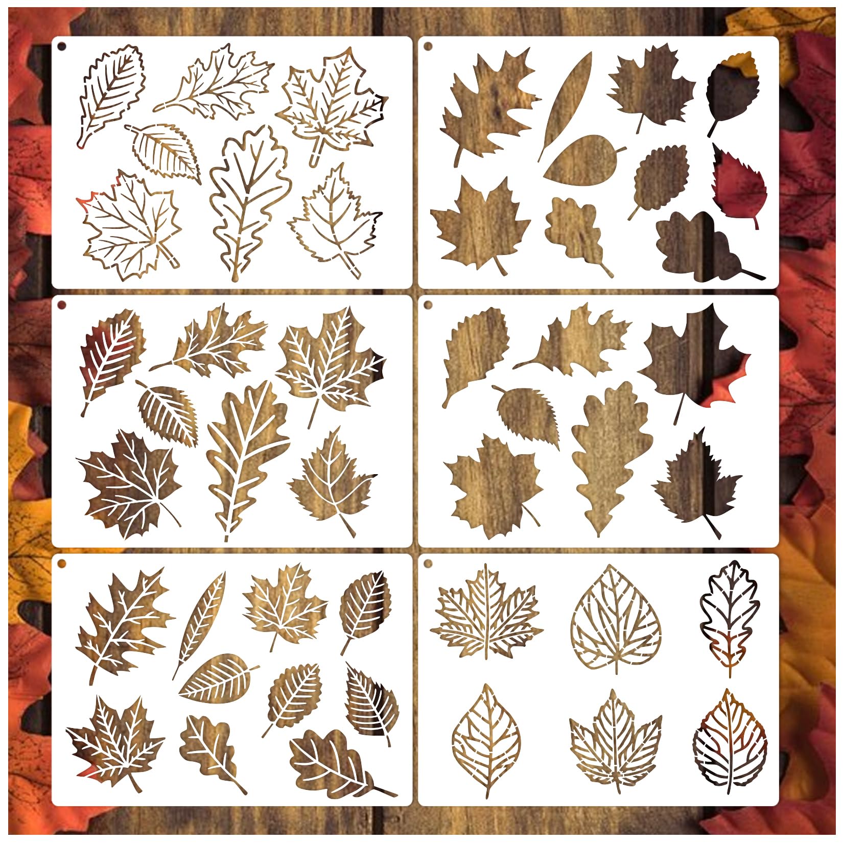 Fall Leaf Stencils for Painting on Wood Hello Autumn Leaves Thanksgiving Stencil Crafts Reusable Fall Stencils for Doormat Fabric Furniture Wall Fabric Home(6 fall leaves)