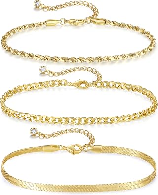 Gold Anklets for Women 14K Gold Plated Ankle Bracelets 3 Pcs Adjustable Layered Summer Beach Waterproof Anklets 8.6"+1.97" Foot Jewelry Gifts for Women