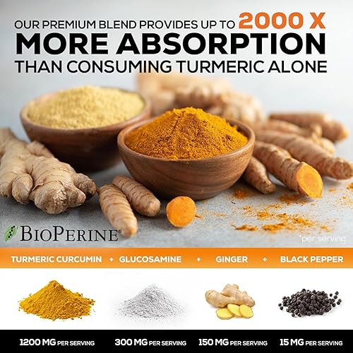 Miniatura 6 de Suplemento de curcumina de cúrcuma de 2000 mg 95% curcuminoides con glucosamina, jengibre y MSM, pimienta negra BioPerine para una mejor absorción,
