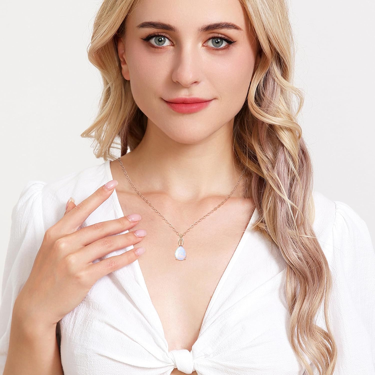 AILUOR White Opal Necklaces for Women, Rose Gold Plated Dainty 11mm Round Gemstone Pendant October Birthstone Pendant Necklace for Women Bridal Wedding Jewelry Birthday Gift for Wife Mom Her - Image 4