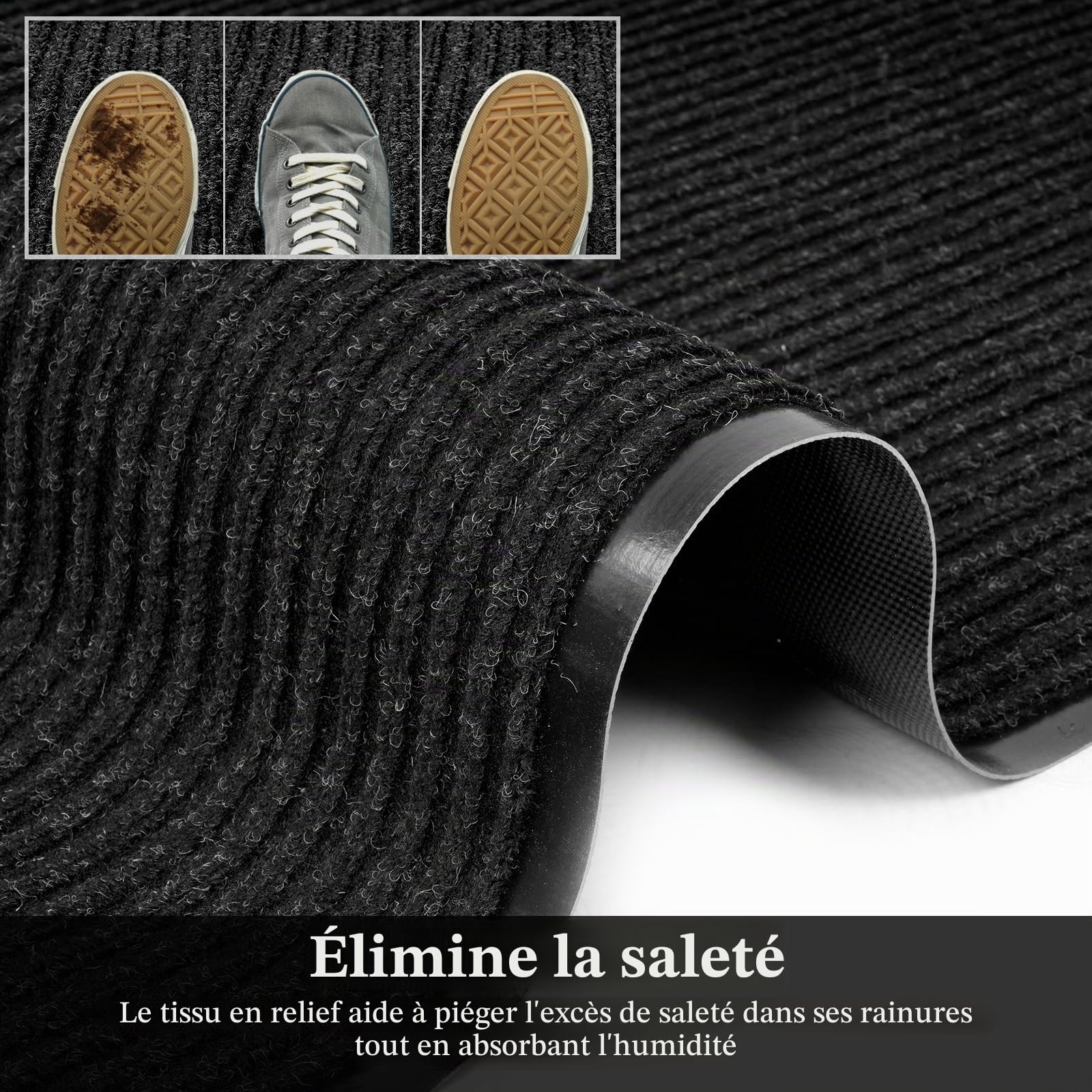Tapis de couloir, antidérapant, 90 x 500 cm, au mètre, lavable, anti-salissures, noir, 90 cm de large
