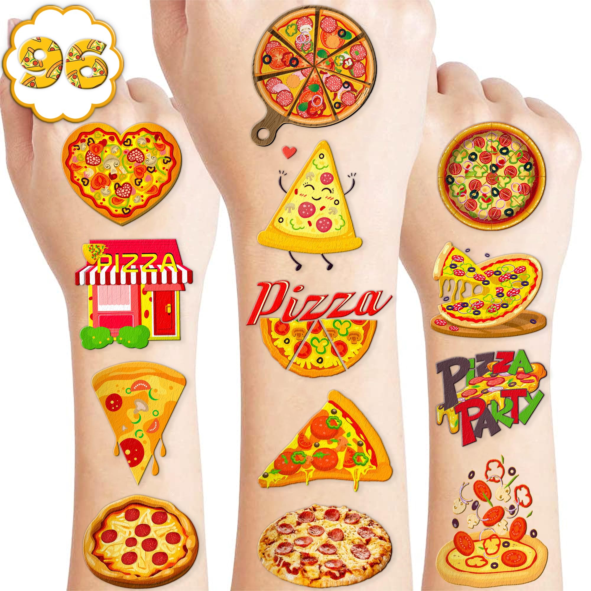 102 PCS Pizza Temporary Tattoos Themed Birthday Party Decorations Favors Supplies Décor Cute Pie Slice Fast Food Tattoo Stickers Gifts For Boys Girls