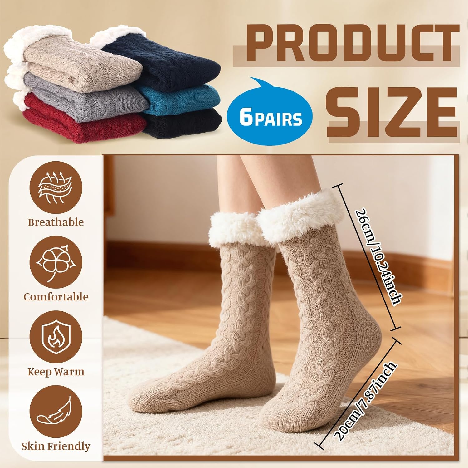 Liitrsh 6 Pairs Women's Fuzzy Slipper Socks with Grips Winter Warm Socks Non Slip for Christmas Stocking Stuffers Women Gifts