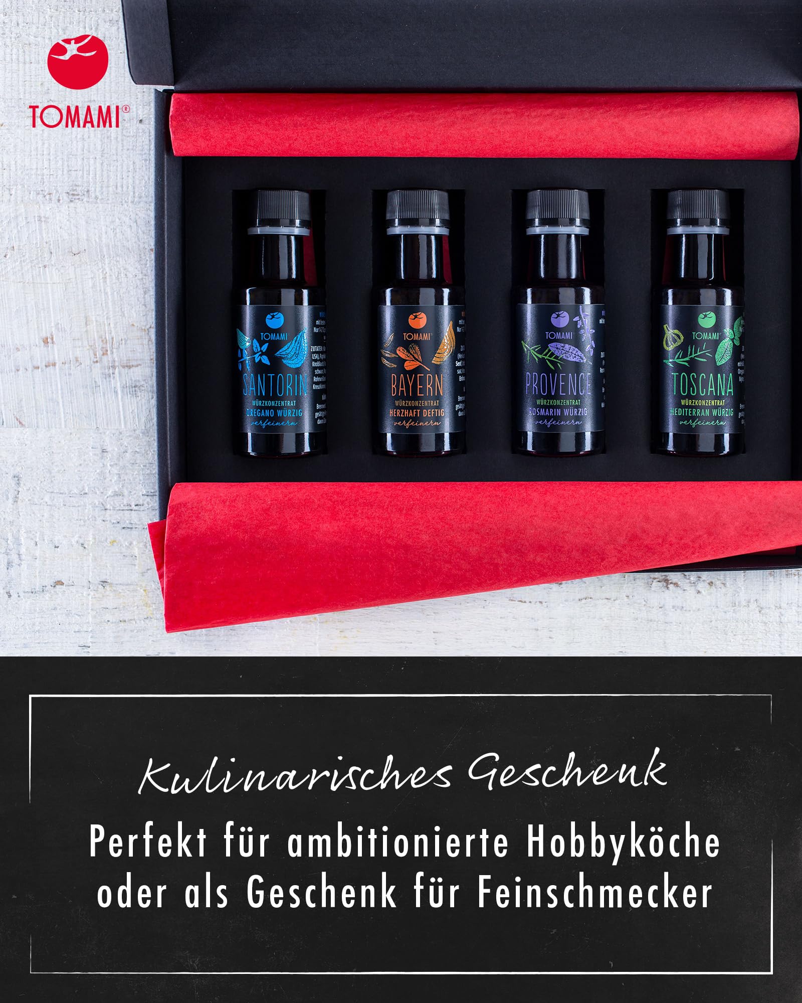 TOMAMI Würzsauce Gourmet-Set Europareise - Geschenkbox 4x 45ml, Probier-Set