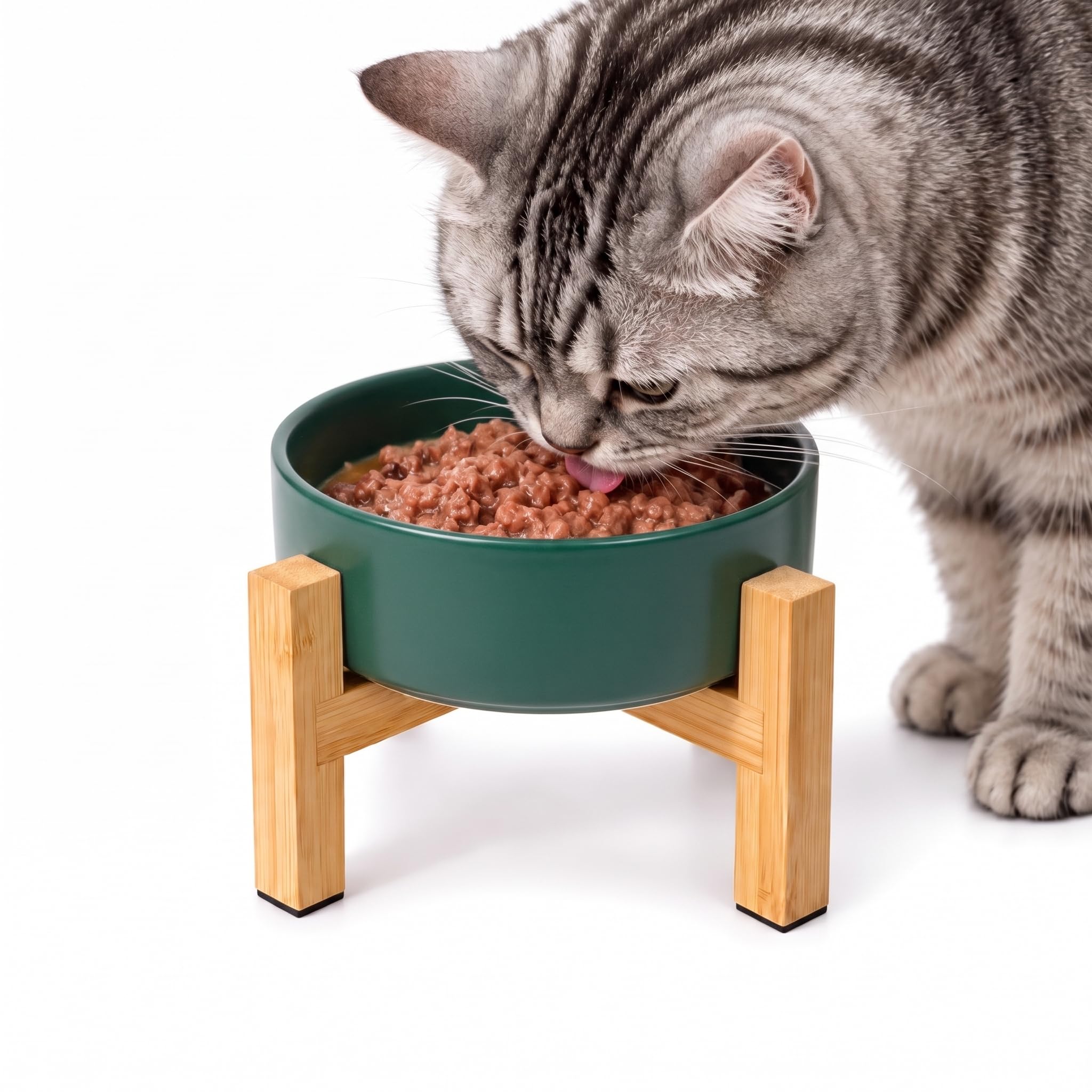 Tazones elevados de cerámica Verde para Gatos, Plato de Comida para Gatos con Soporte, Cuencos elevados para Comida o Agua para Gatos antivómitos, Cuenco para Mascotas con Almohadilla de Goma