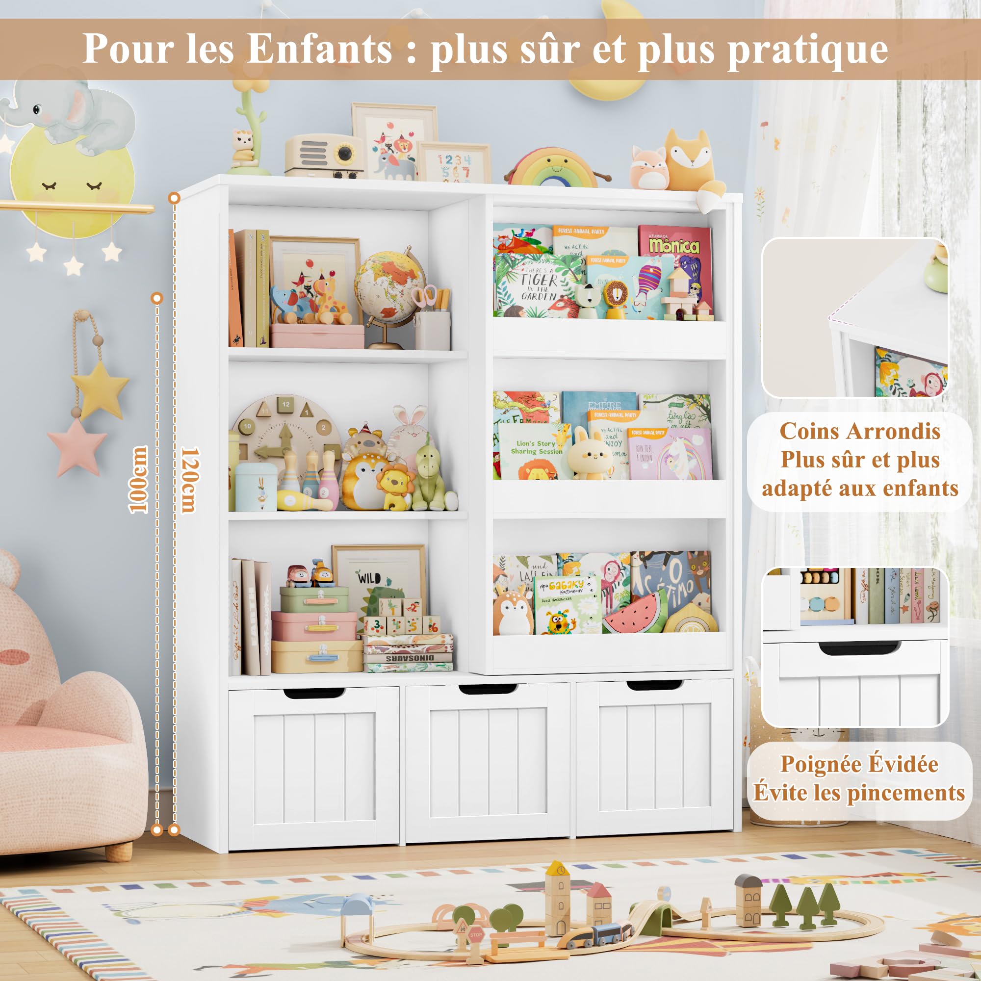 FOREHILL Bibliothèque Enfant avec Porte Coulissante Meuble Rangement Enfant avec 10 Étagères 3 Tiroirs Roulants Meubles Rangement Jouet pour Chambre d’Enfants 120,5x37x100cm Blanc