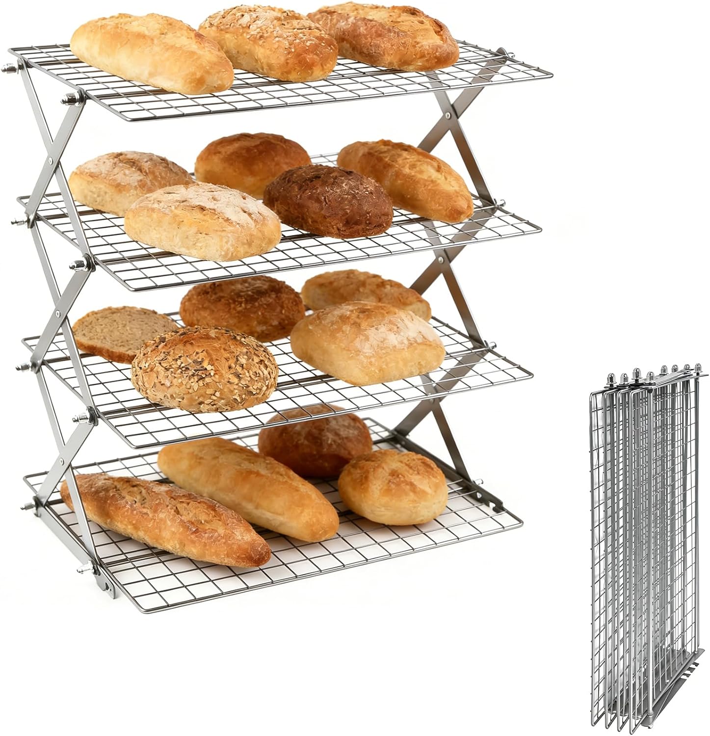 4 Tier Collapsible Cooling Rack with Adjustable 6 Setting Design stackable wire rack for baking sheet for Cookies Baking Gifts for Women (Silver, 4-Tier)
