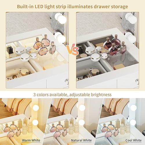 Miniatura 2 de VOWNER Tocador con espejo iluminado, escritorio de maquillaje con parte superior de vidrio con luces y 11 cajones, 3 modos de iluminación de color