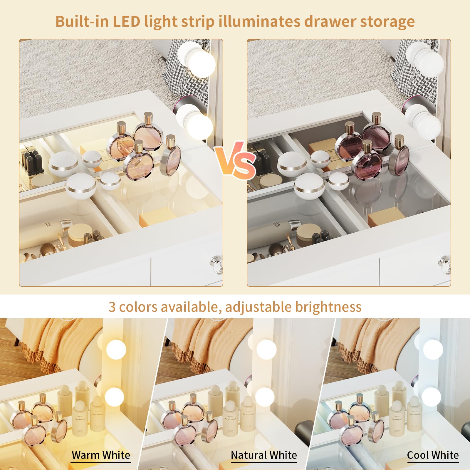 VOWNER Vanity with Lighted Mirror - Glass Top Makeup Vanity Desk with Lights and 11 Drawers, 3 Color Lighting Modes Adjustable Brightness, 46