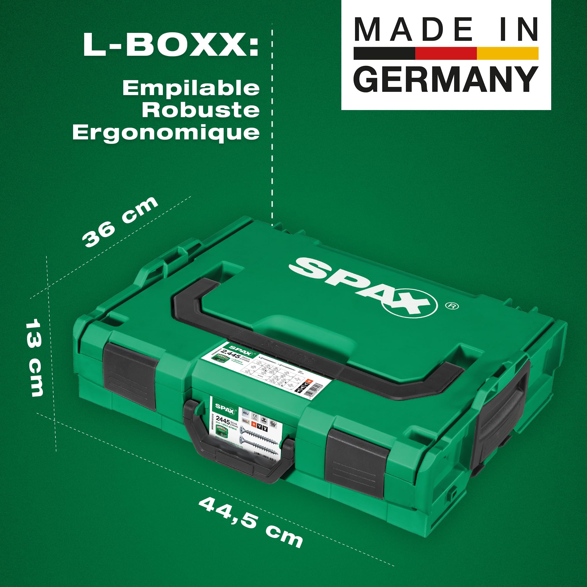 SPAX Coffret de montage - L-BOXX grande avec 2.445 vis à tête fraisée en 16 dimensions, WIROX A9J, T-STAR plus, incl. gants de travail et BITBOX, 8000000294532