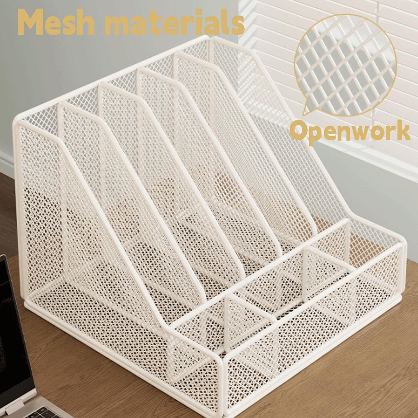 Organizer per documenti in metallo A4, 5 scomparti verticali per riviste, organizer da scrivania con portamatite per ufficio, scuola(White)
