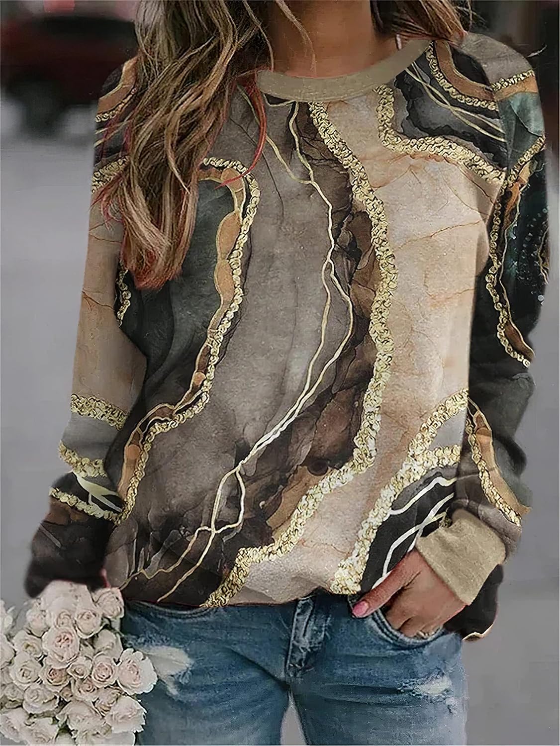 Akivide Women's Long Sleeve Flower and Landscape Print Sweatshirt Casual Fall Loose Crewneck Pullover Tops - Image 2