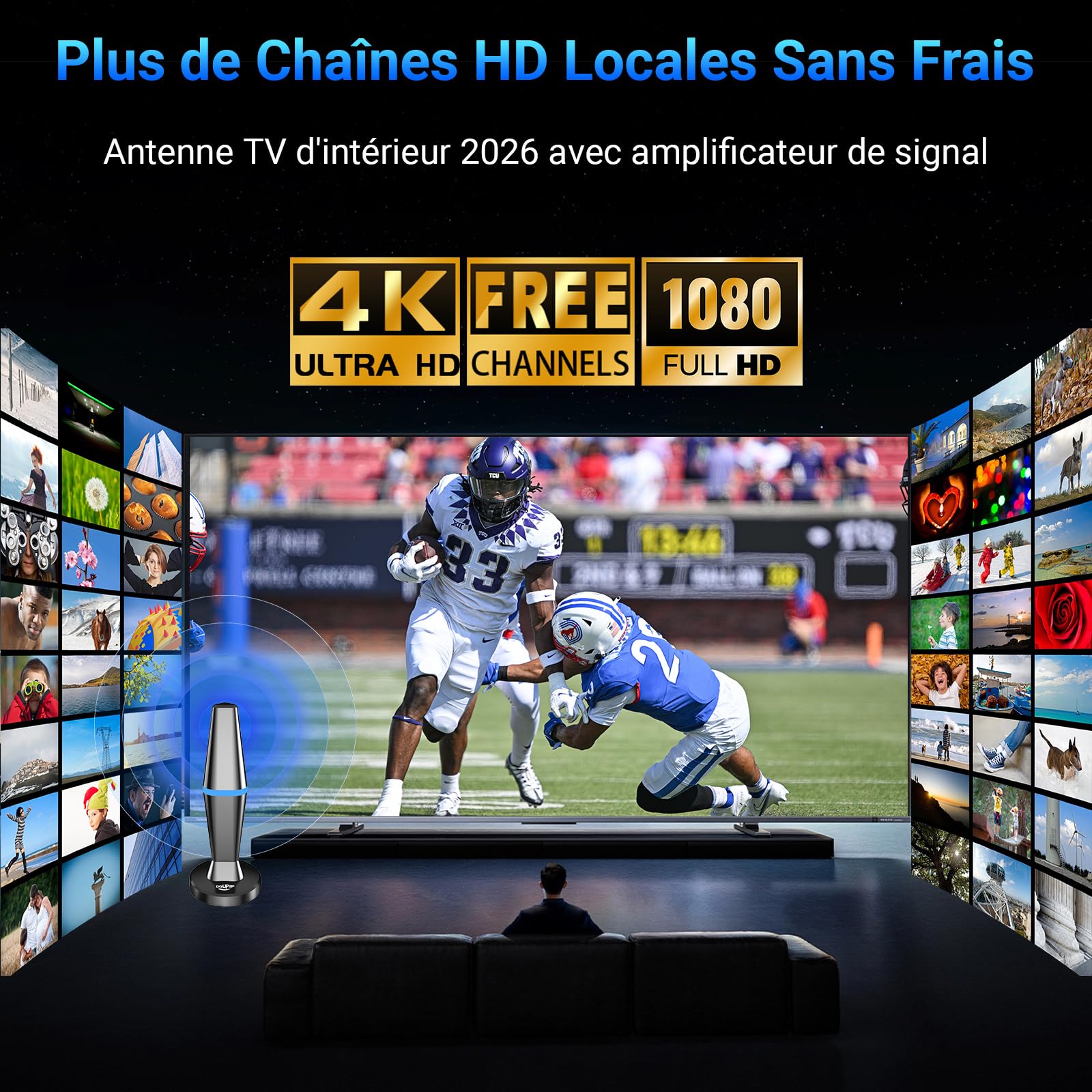 Antenna TV per interni - Antenne TNT per Smart TV con potente base magnetica e amplificatore, lunga portata fino a 80 km, compatibile con tutti i televisori