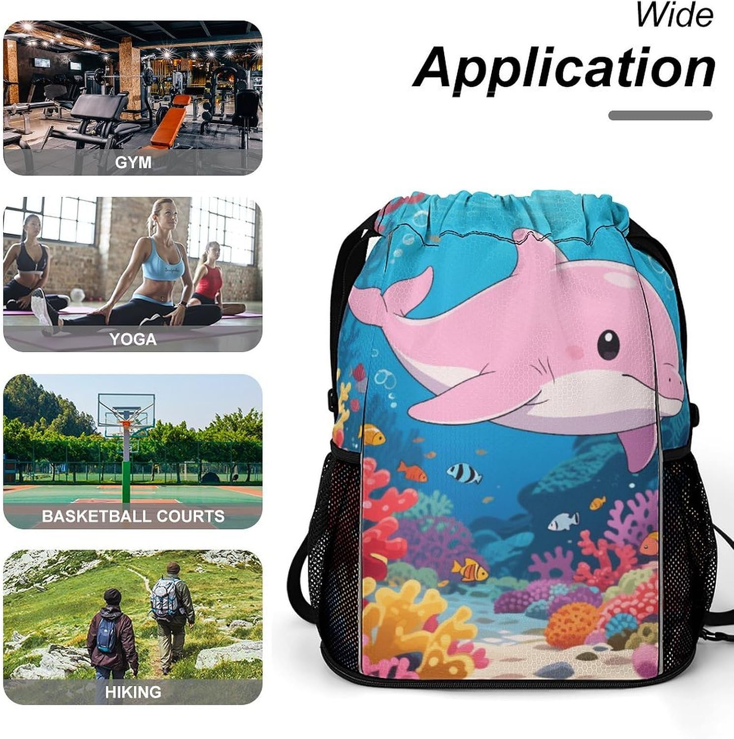 Small Gym Bag Pink Dolphin Printed Drawstring Gym Bag for Men Lightweight Waterproof Drawstring Backpack for Women with Shoe Compartment for Travel Tourism Work And Fitness