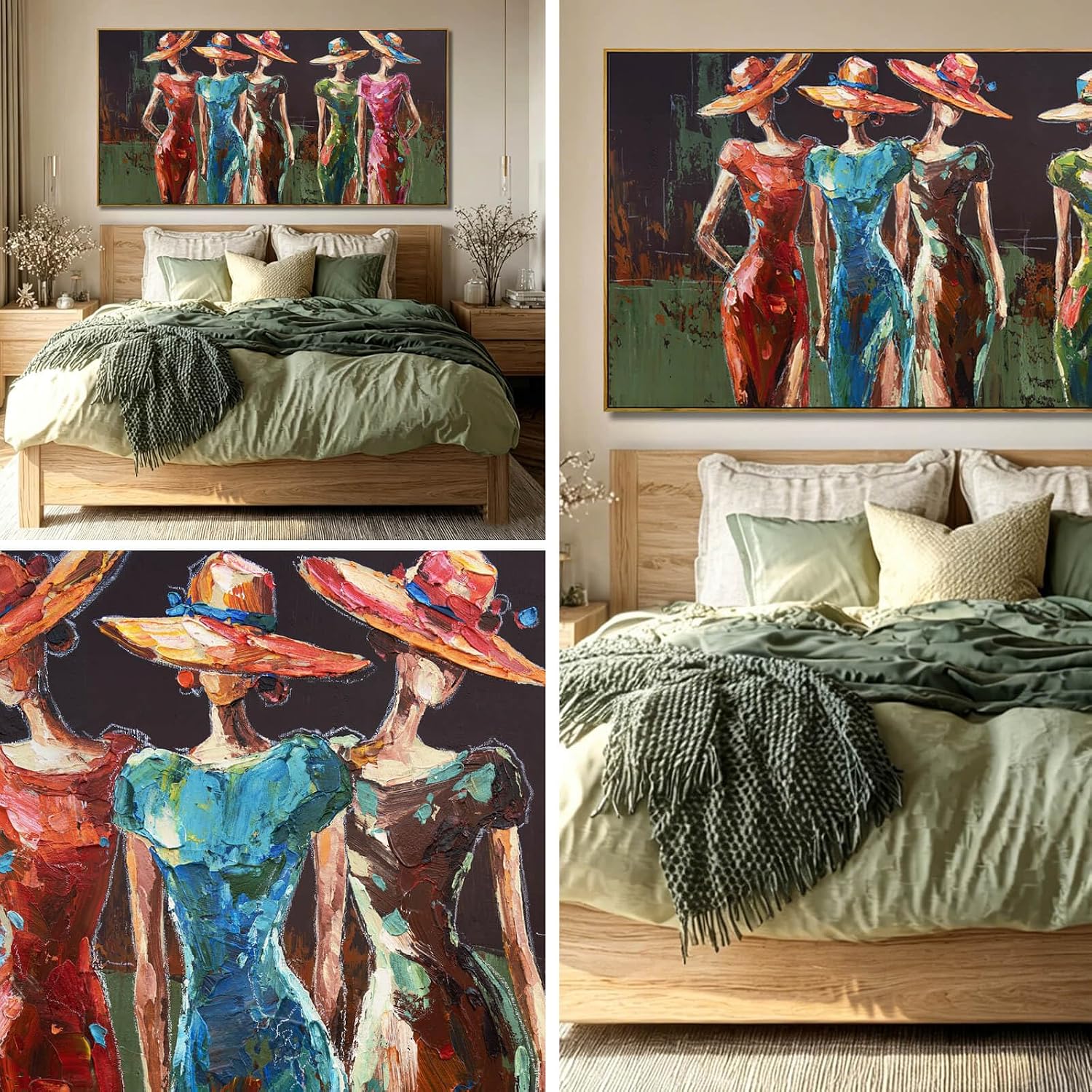 Large Framed Wall Art Women With Hats Colorful Pictures for Walls Girl Figure Canvas Print Arts Artwork Paintings Home Decor 29"x58"