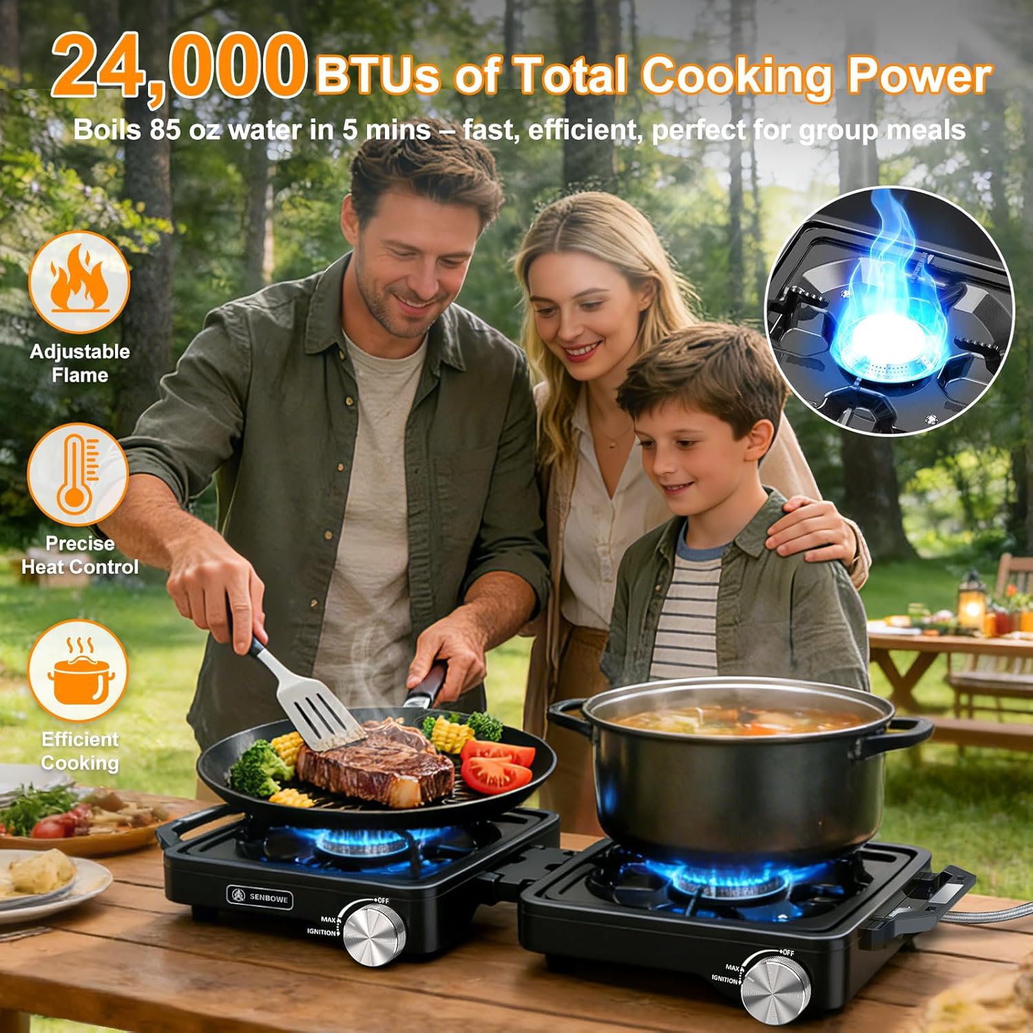 2-Burner Pro Camping Stove,24000 BTU Camp Stove,Foldable Propane Stove Includes Carry Bag,Windscreen Griddle, Portable Stove,Camping Essentials,Suitable For Outdoor Cooking,Tailgating,Grilling (Black)