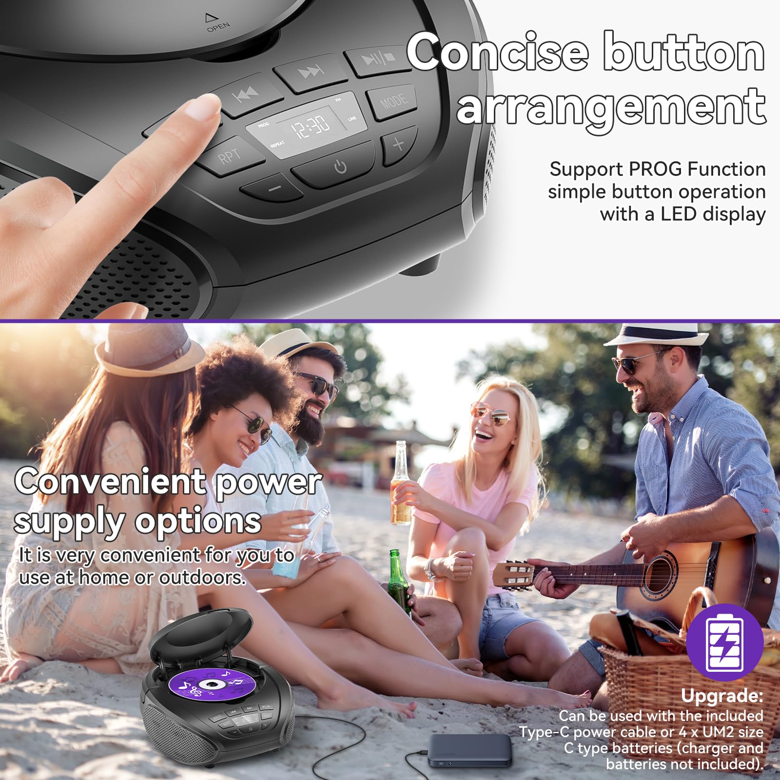 Gueray Lettore CD portatile Boombox Lettori CD audio domestici con altoparlanti Radio FM Ingresso AUX Supporto Cuffie Modalità playlist Riproduzione PROG per audiolibri da esterno e da interno