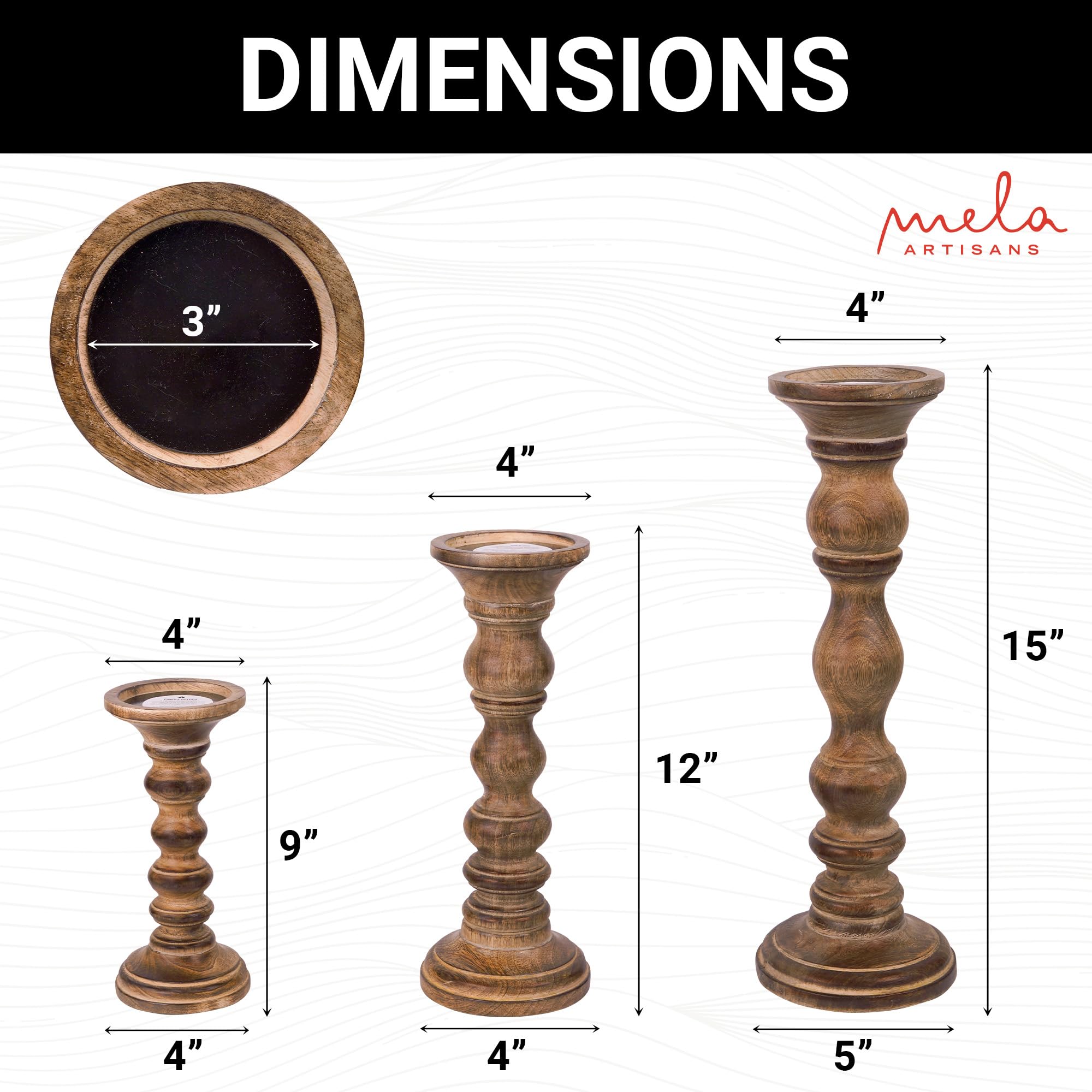 “Willow” Candle Holders for Pillar Candles (Medium Burnt, Set of 3) - Mangowood Candle Stand - Farmhouse Wooden Candle Holders Pillar - Candle Holder Decor for Table Centerpiece -9”, 12”, 15”