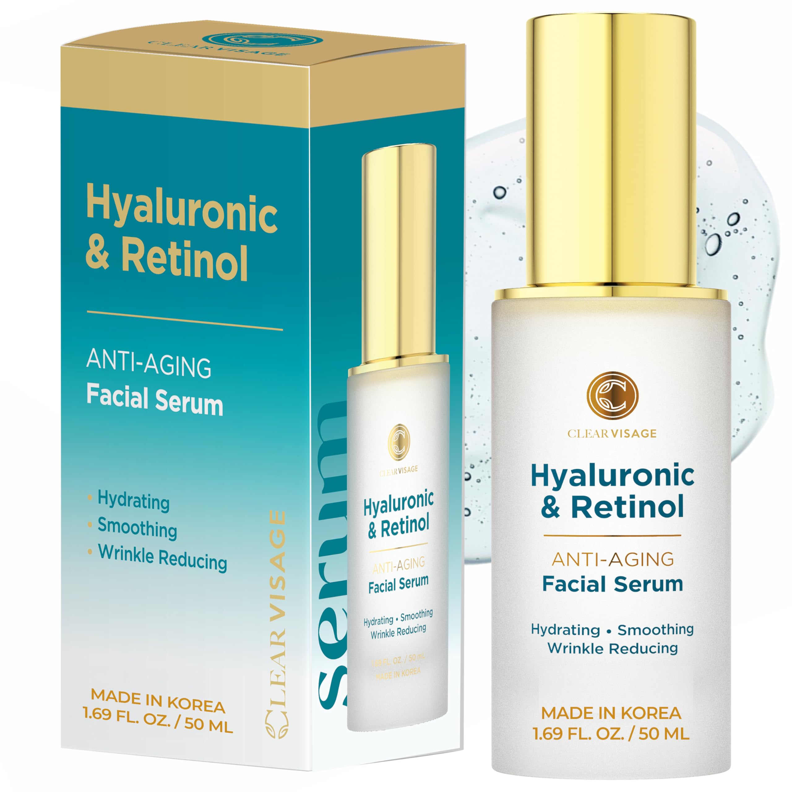 Clear Visage Hyaluronic Acid Serum For Face - Dermatologist Tested Hya & Retinol Ultra Hydrating Serum - Anti-Aging, Radiant Glowing Complexion, Wrinkle Reduction - Clean Beauty Korean Skin Care