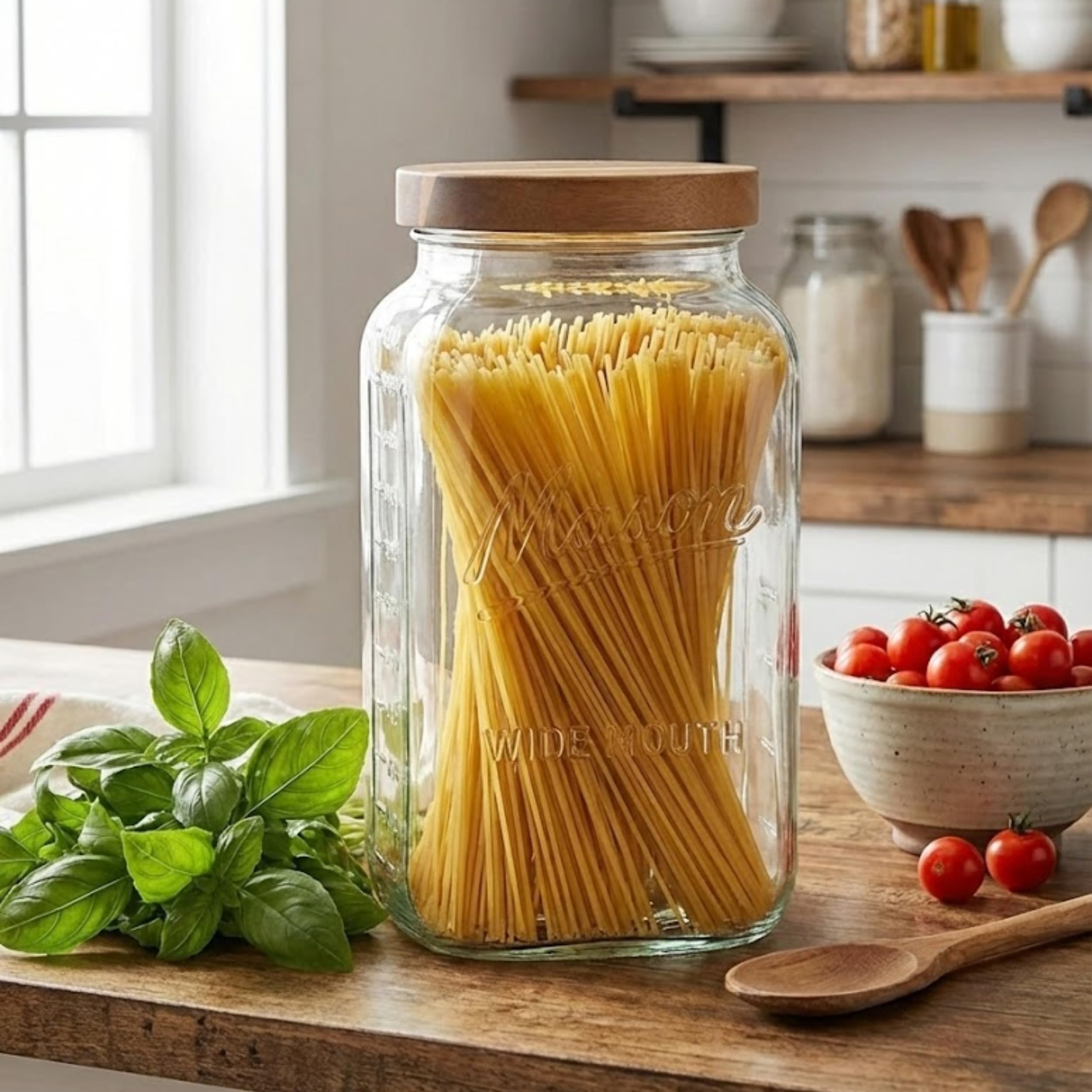 kitchentoolz Einmachglas aus Glas mit luftdichtem Holzdeckel, breite Öffnung, quadratischer Aufbewahrungsbehälter mit Messmarkierungen, ideal für Speisekammer-Organisation, Trockenwaren und