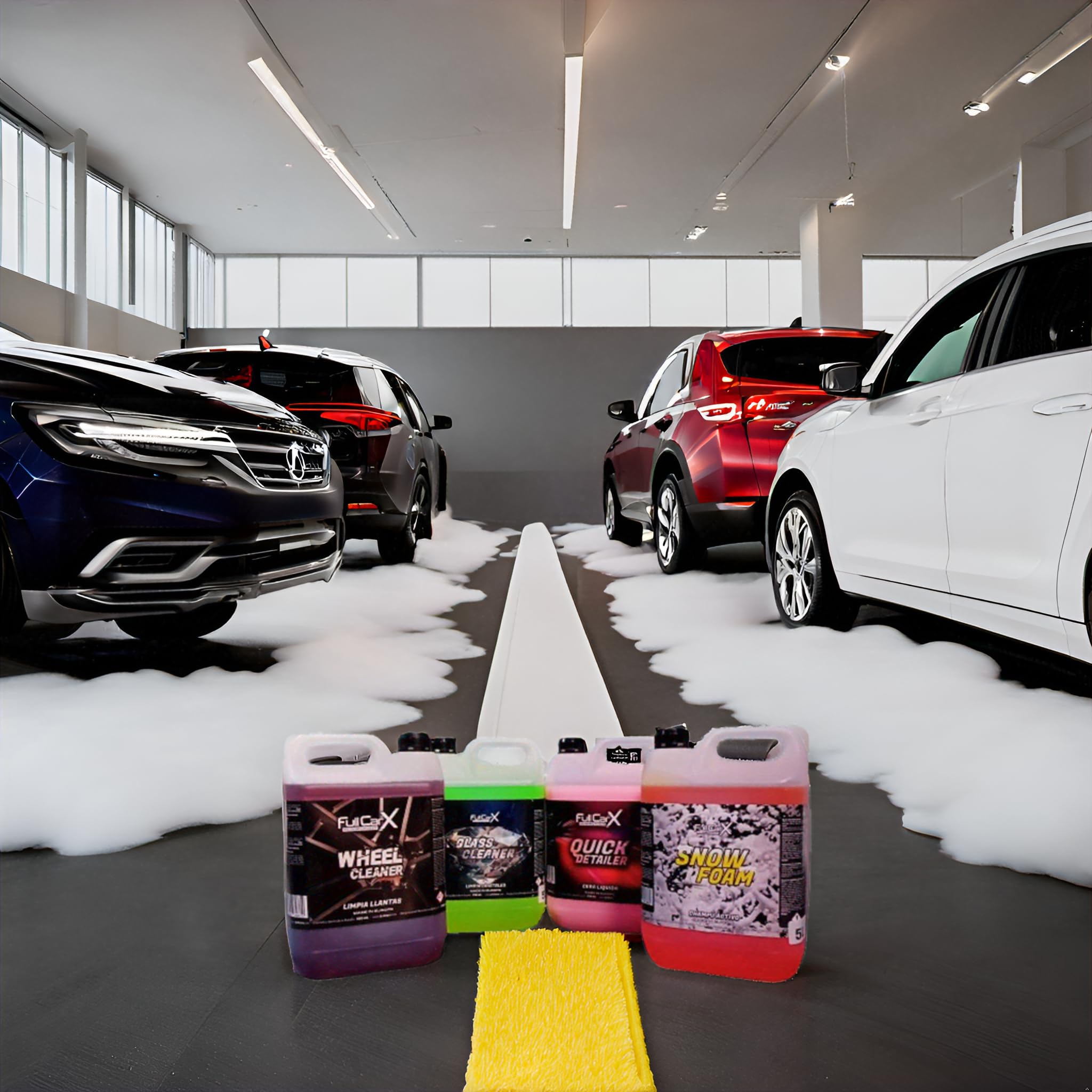 AutoFullCar - Pack Básico Limpieza de Coche para Profesionales del Detailing FullCarX - 4 garrafas de 5 Litros - Limpia Llantas + Limpia Cristales + Cera Líquida Quick Detailer + Champú Activo