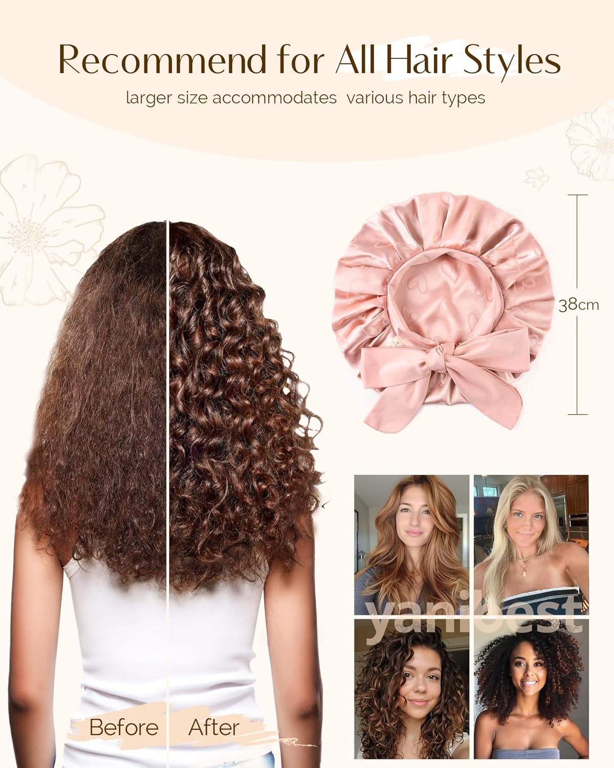 YANIBEST Adjustable Satin Bonnet for Sleeping, Double Layer Silk Bonnet with Tie Band for Women, Sleep Cap Curly Natural Hair, Pink - Image 4