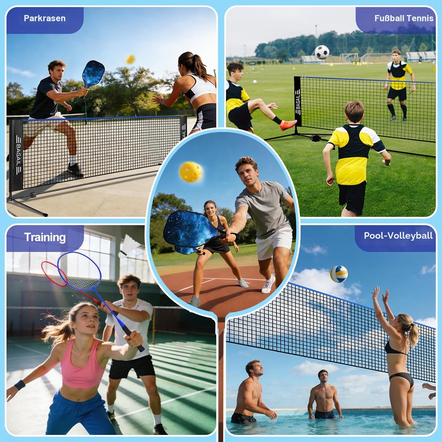 BAGAIL Sportnetz mit Pickleball- und Badminton-Sets, 5.2m | höhenverstellbares Netzsystem, tragbare Transporttasche, Aufbau ohne Werkzeug, ideal für Volleyball, Pickleball und Tennis