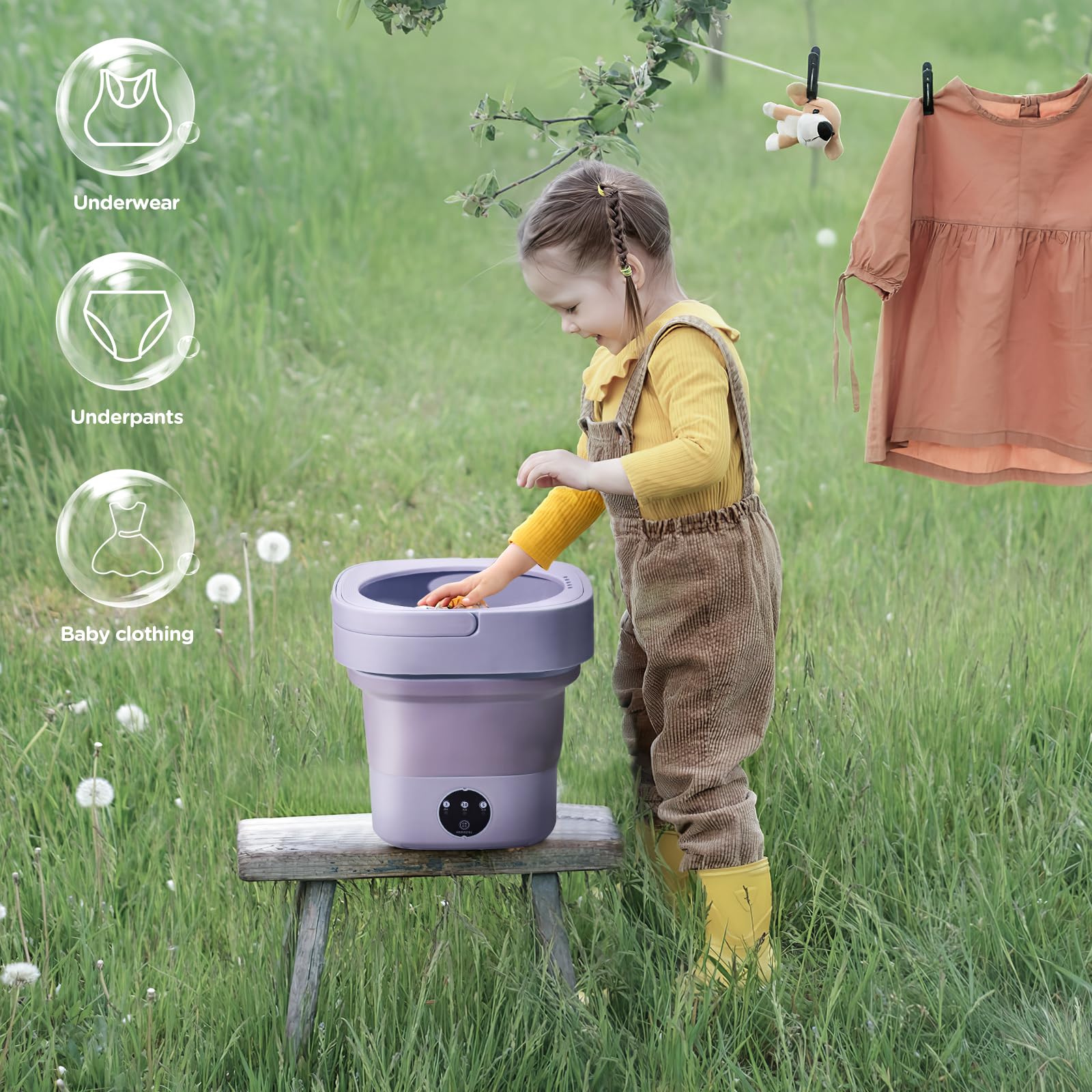 Mini Faltbare Waschmaschine, 10L Camping Reisewaschmaschine mit Schleuder, 3 Reinigungsmodi Ultraschalltechnik Portable Washing Machine, Leicht und Kompakt für kleine Wäschestücke Zuhause-Lila