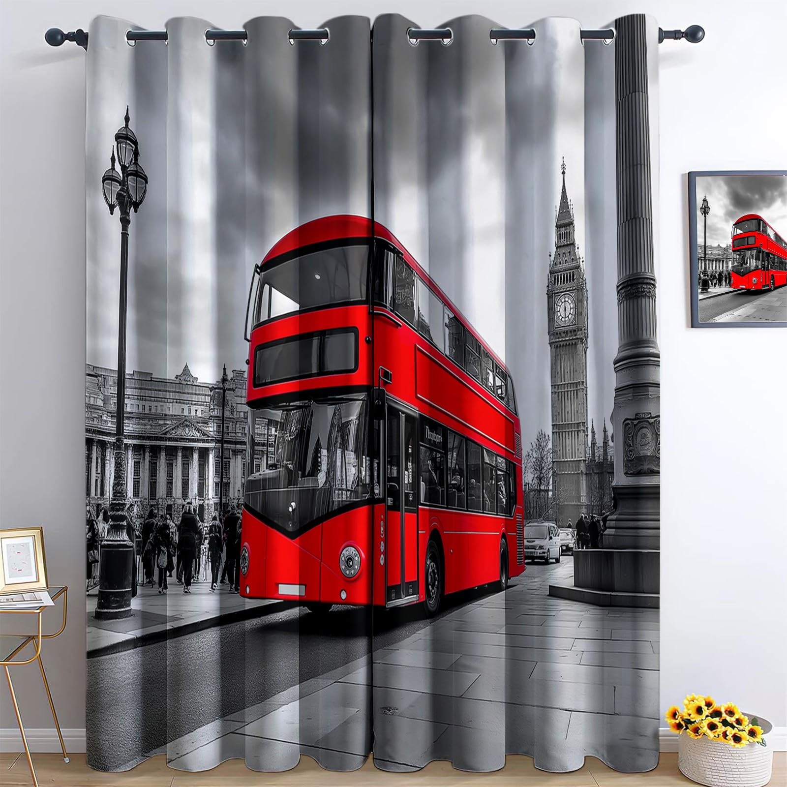 3D Print Blackout Curtains, Eyelet Curtains Photography London Double-Decker Bus, Thermal Insulated Window Drapes, Curtains for Kids Boys Girls Living Room Bedroom, 2 Panels 46” W x 54” L
