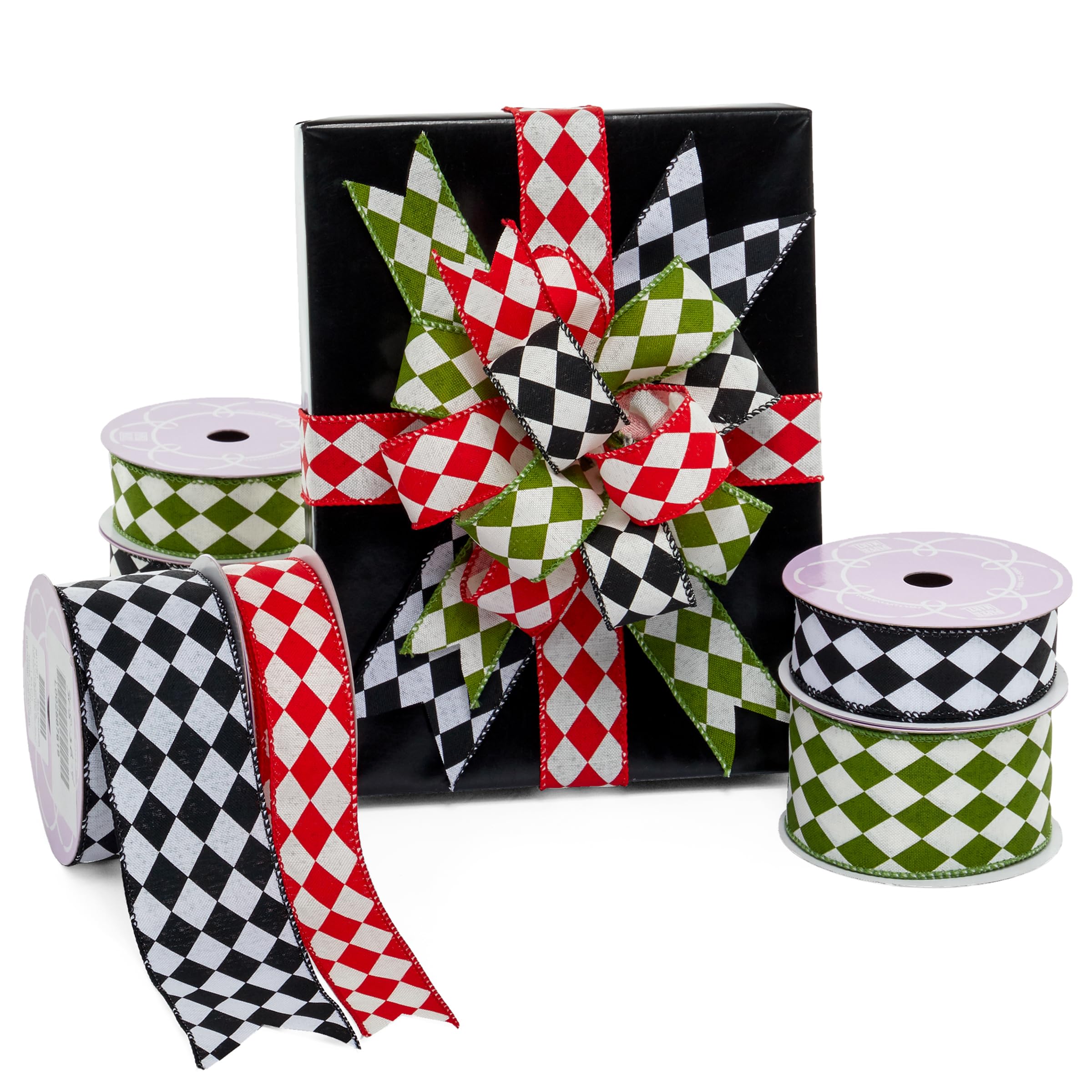 Paper Mart Harlequin Black and White Ribbon, Wired Fabric Ribbon, 1.5 Inches Wide x 10 Yards, Crisp Linen-Like Texture