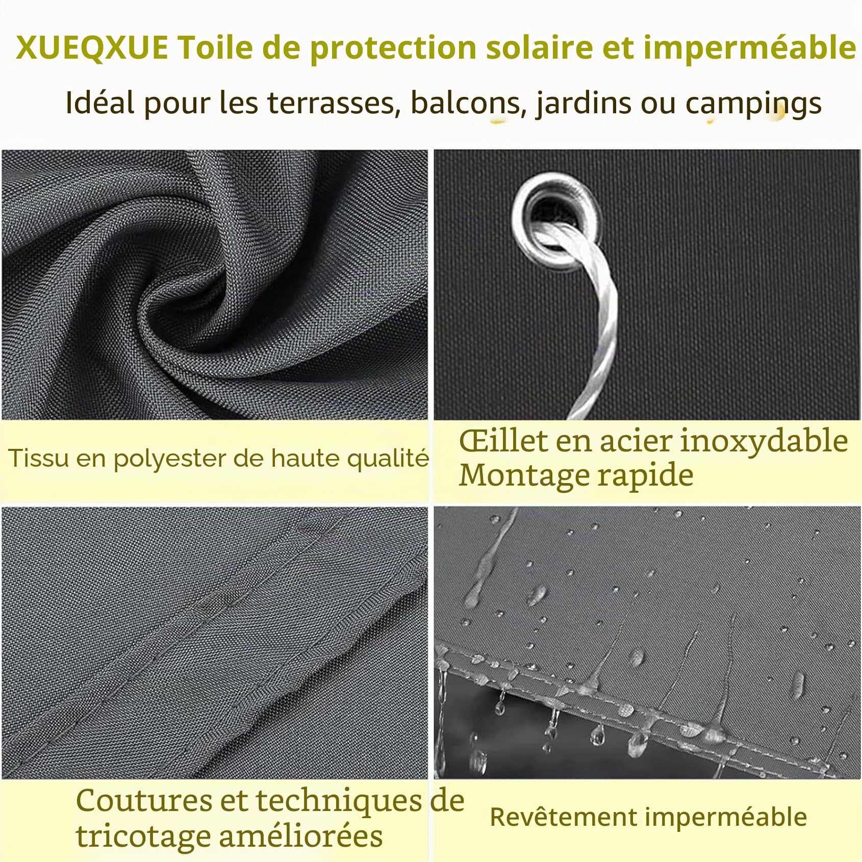 Voile D Ombrage Abri de Jardin 250 x 250 cm Imperméable Anti 98% UV Résistant Hydrofuge Toile Pergola Toile Ombrage pour Extérieur, Jardin, Terrasse, Couleur Crème