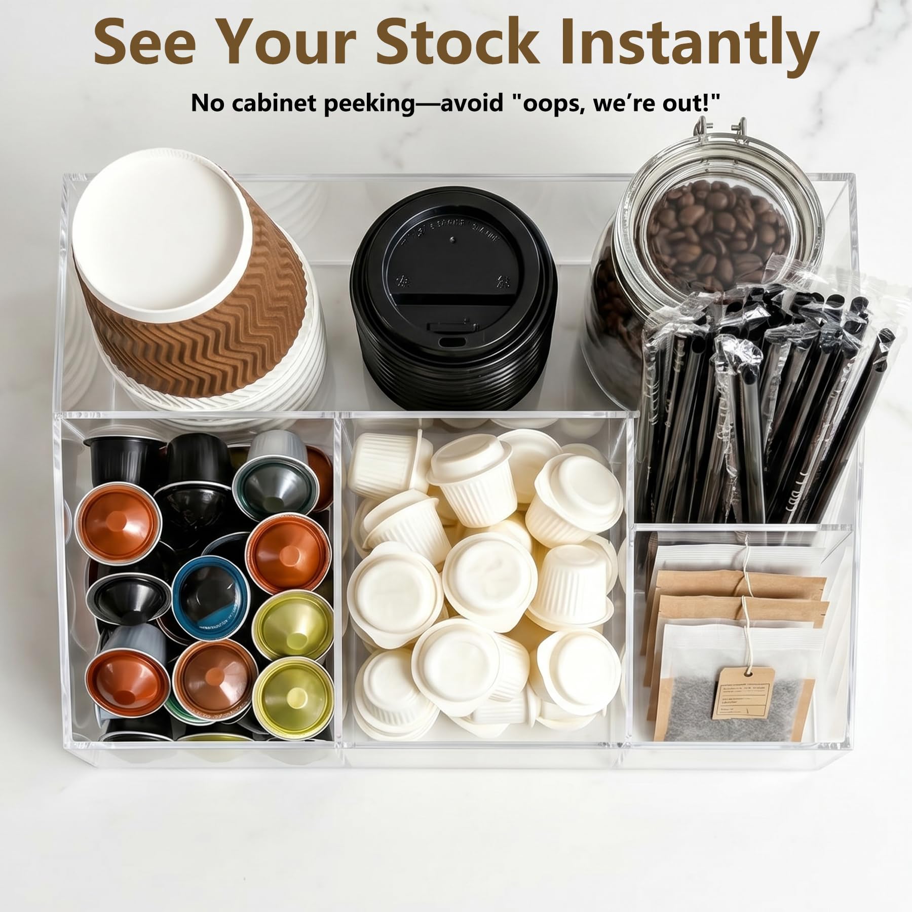 Organizer per stazioni da caffè in acrilico trasparente per piano di lavoro, 5 scomparti in acrilico, accessori e organizer, per ufficio, sala da pranzo, per cialde, sciroppo, tazze da tè, agitatori