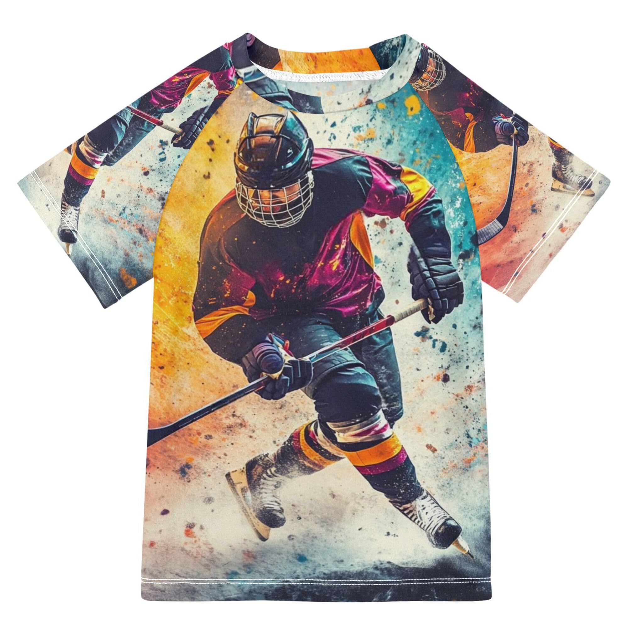 Glaphy Ice Hockey Sports Boys Rash Guard Swim Shirt Toddler Short Sleeve Swimwear UPF 50+ Quick Dry Rashguard Shirt Multicoloured