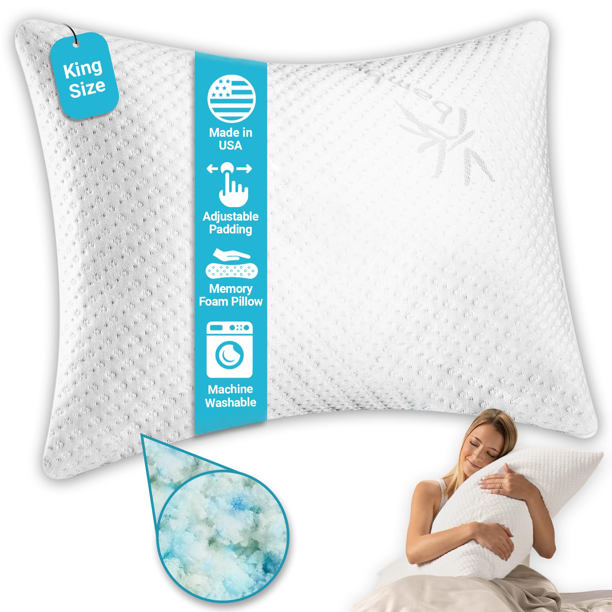 Xtreme Comforts Pillows for Sleeping - GreenGuard Gold Certified Adjustable King Memory Foam Pillow for Side, Back & Stomach Sleepers w/Removable Cooling Zipper Cover - Made in The USA