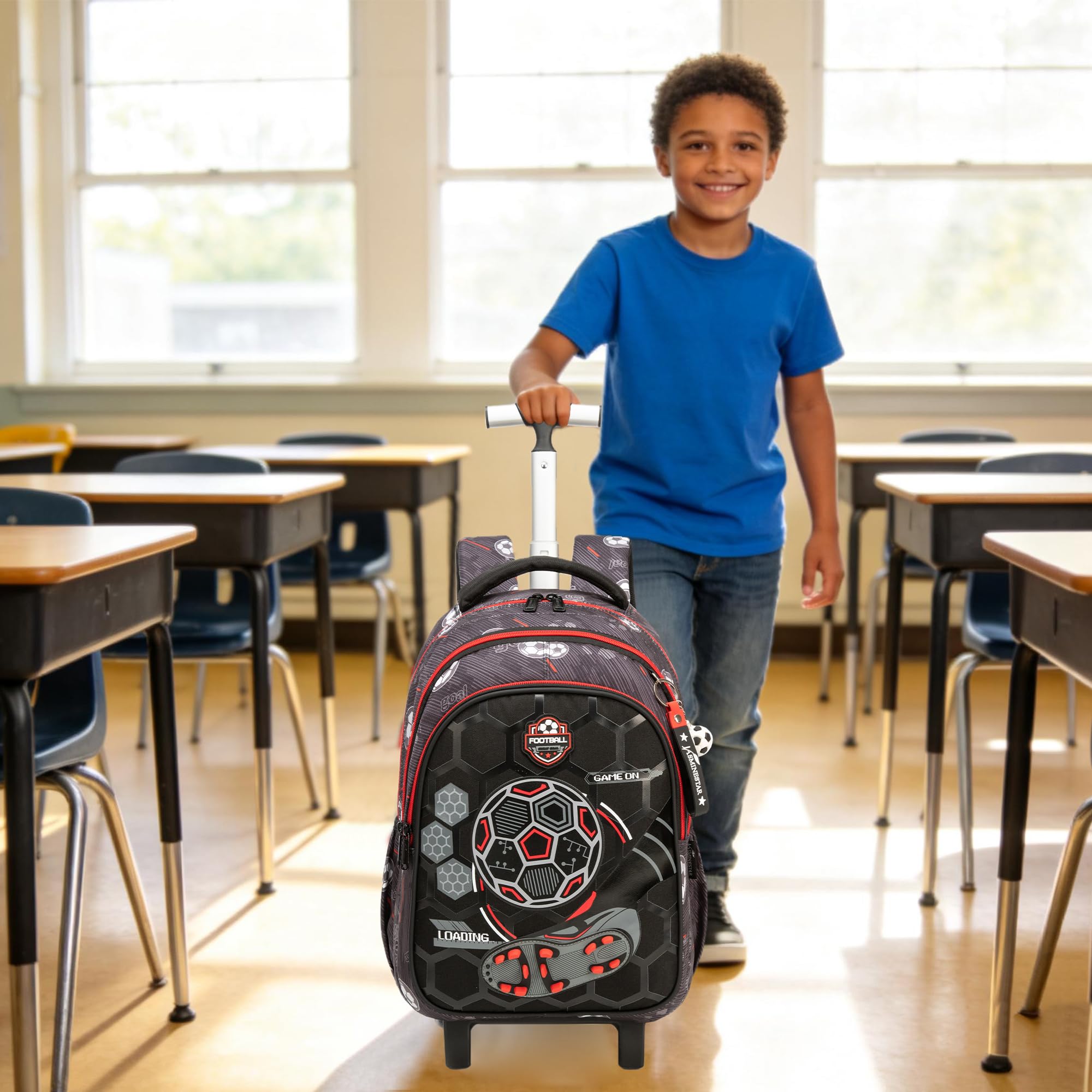 HTgroce Zaino Trolley Scuola Elementare Bambino (Calcio) – Grande Zaino con Ruote per Ragazzi & Cartella Scolastica – Bagaglio a Mano per Scuola & Viaggi